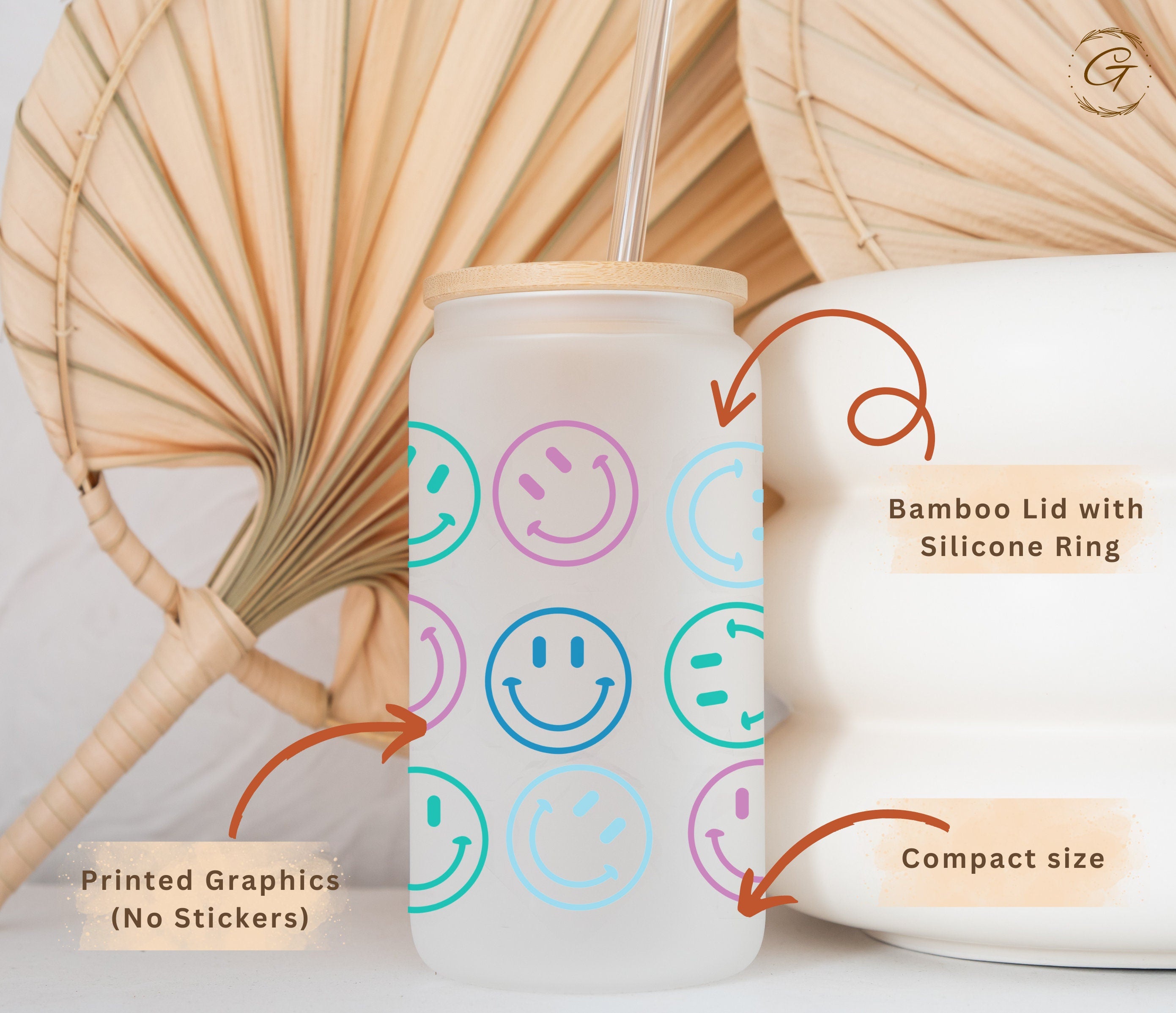 Trendy 16-oz Frosted Libbey Glass Cup with All-Over Smiley Floral Icons – Perfect for Drinks, Gifts For Her, Customizable Options Available