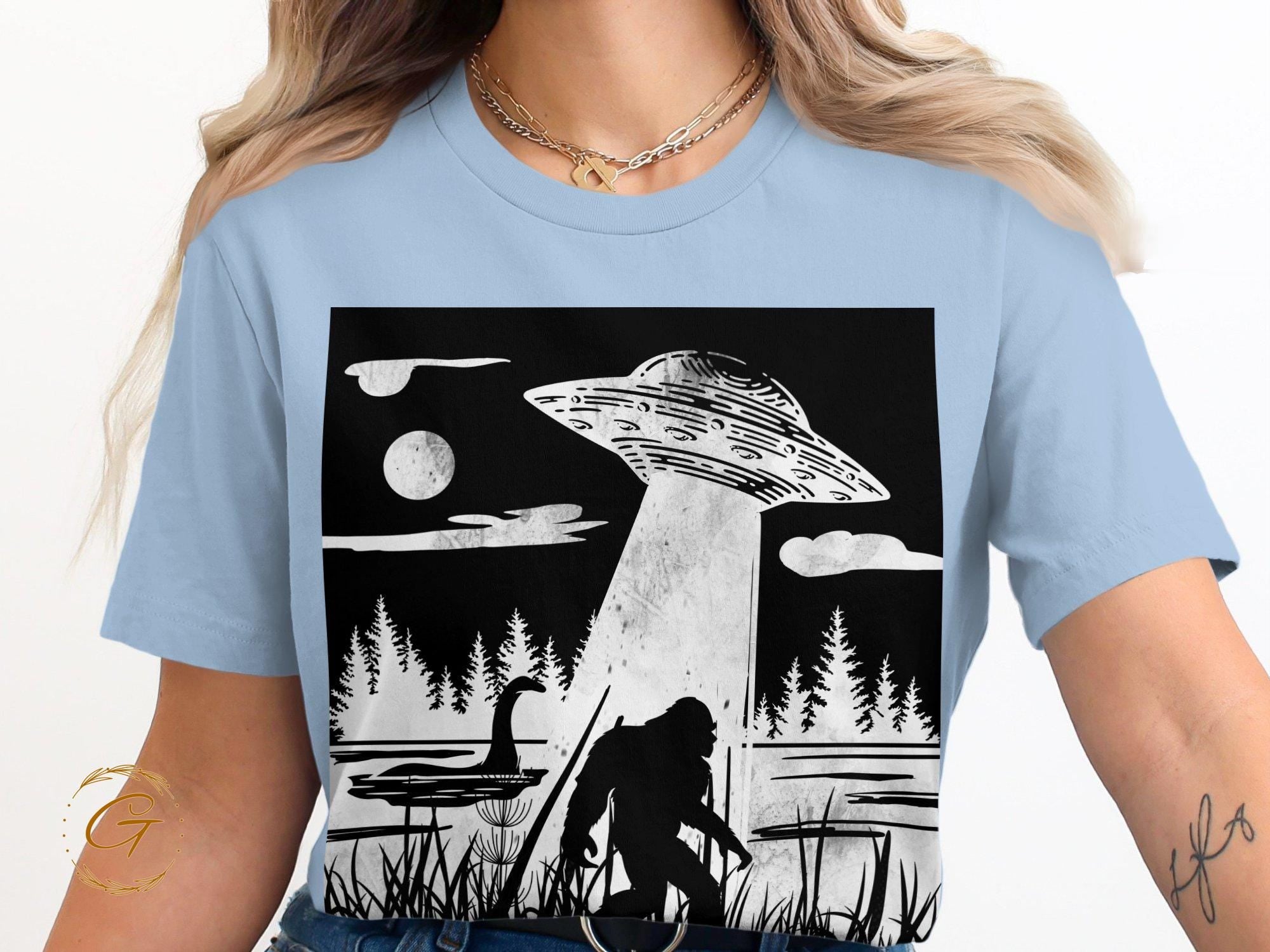 Bigfoot and UFO Encounter Design T-Shirt, Vintage Cryptid Design Tee