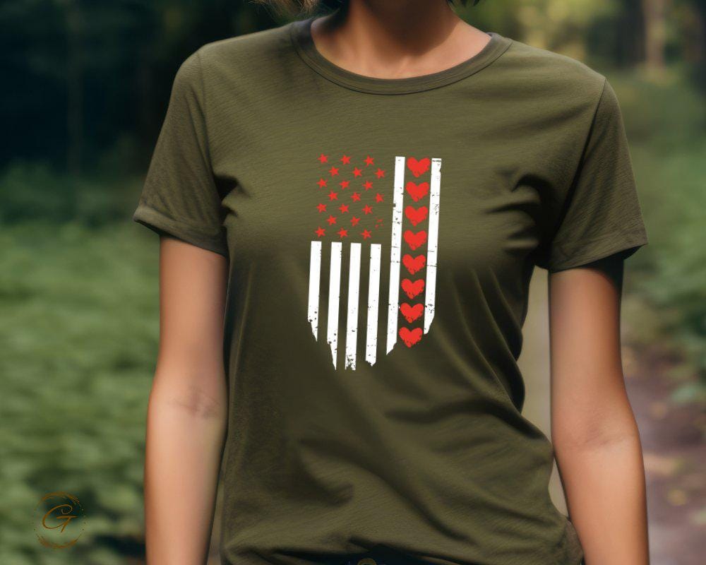 Valentine T-Shirt, Patriotic American Flag Hearts Tee