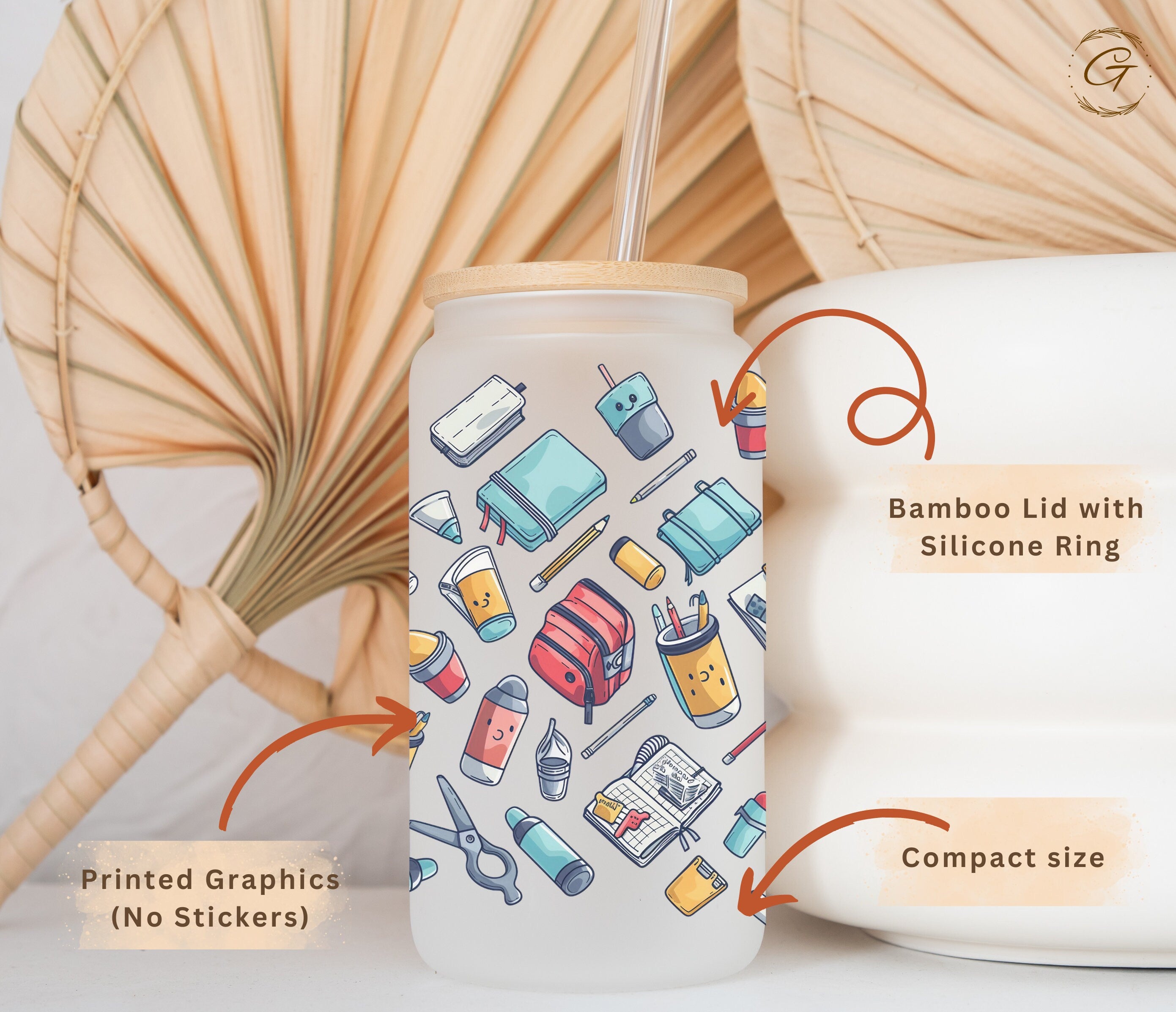 School Supplies Pattern Frosted Glass Cup
