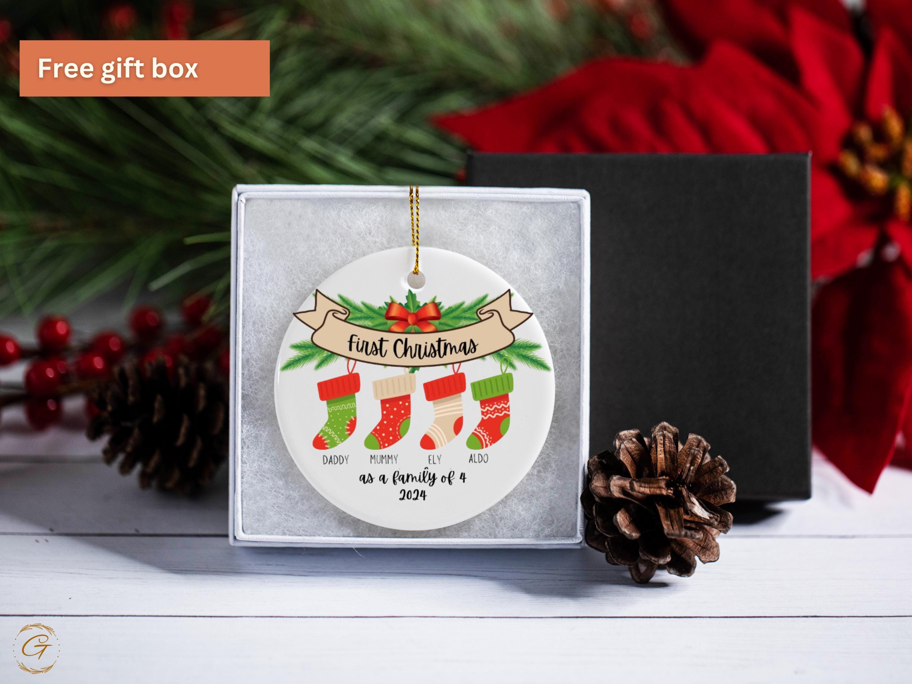 First Christmas Family of 4 Ornament | Personalized Stocking Ornament | Holiday Decor & Christmas Gift 2024 | Unique Gift for Stockings 2024