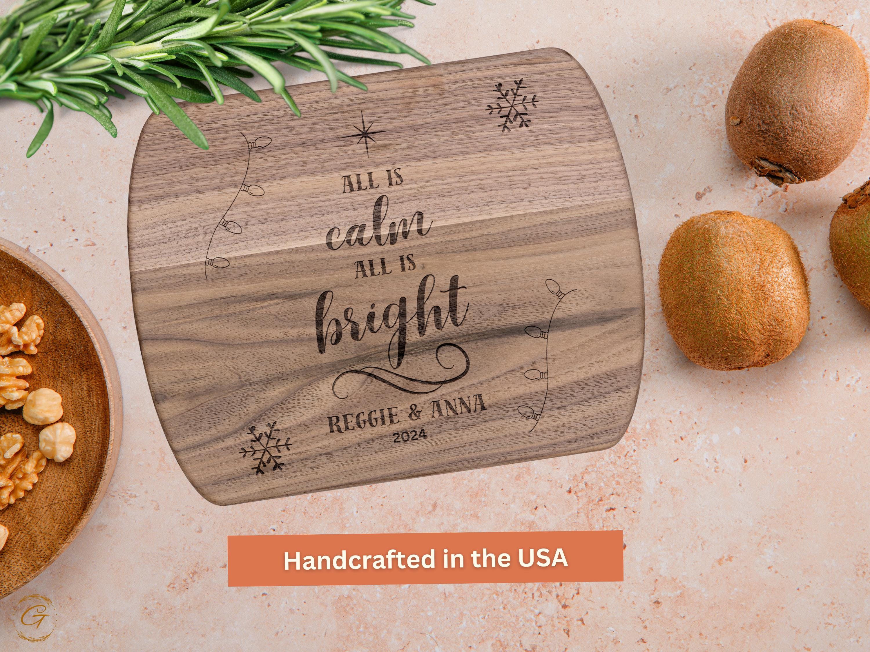 Personalized Hardwood Oval Cutting Board - All Is Calm All Is Bright Xmas Decor- Custom Christmas Gift for Couples, Wedding, or Housewarming