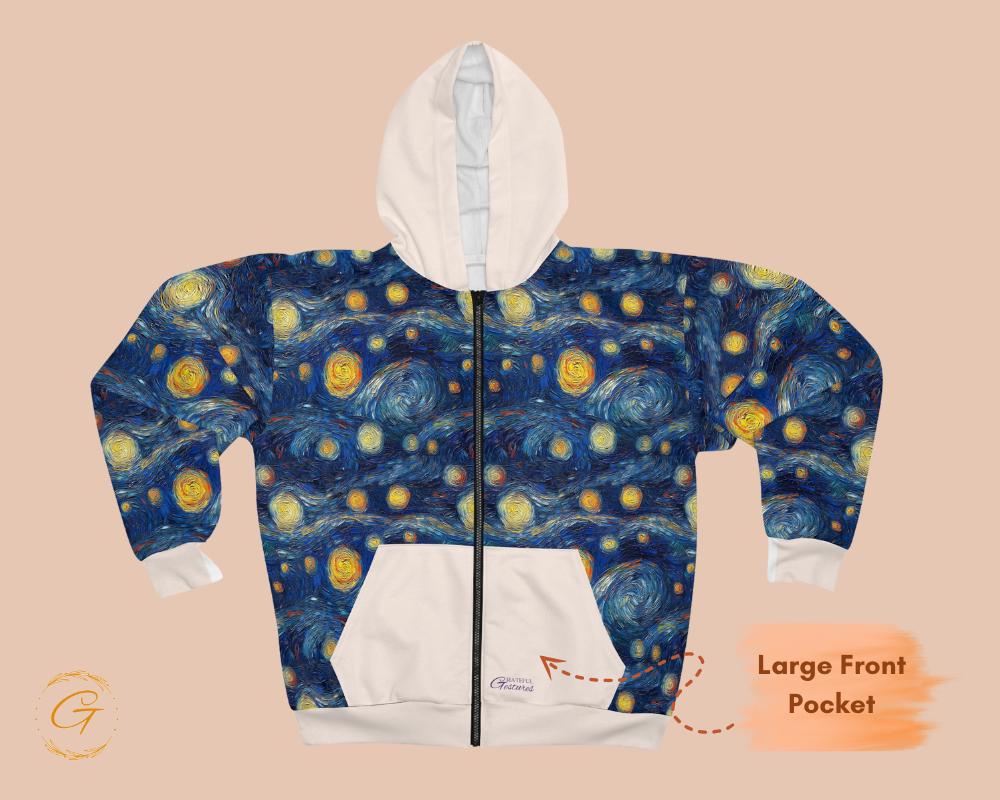 Starry Night White Pocket Design Zip Hoodie All-Over Print