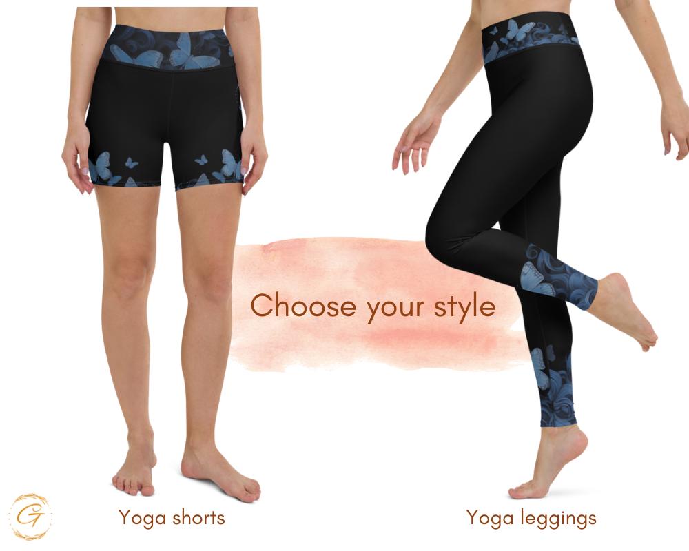 AOP Butterfly Yoga Leggings and Shorts | High-Waisted Activewear for Women | Blue Butterfly Workout Pants | Compression Yoga Shorts & Tights