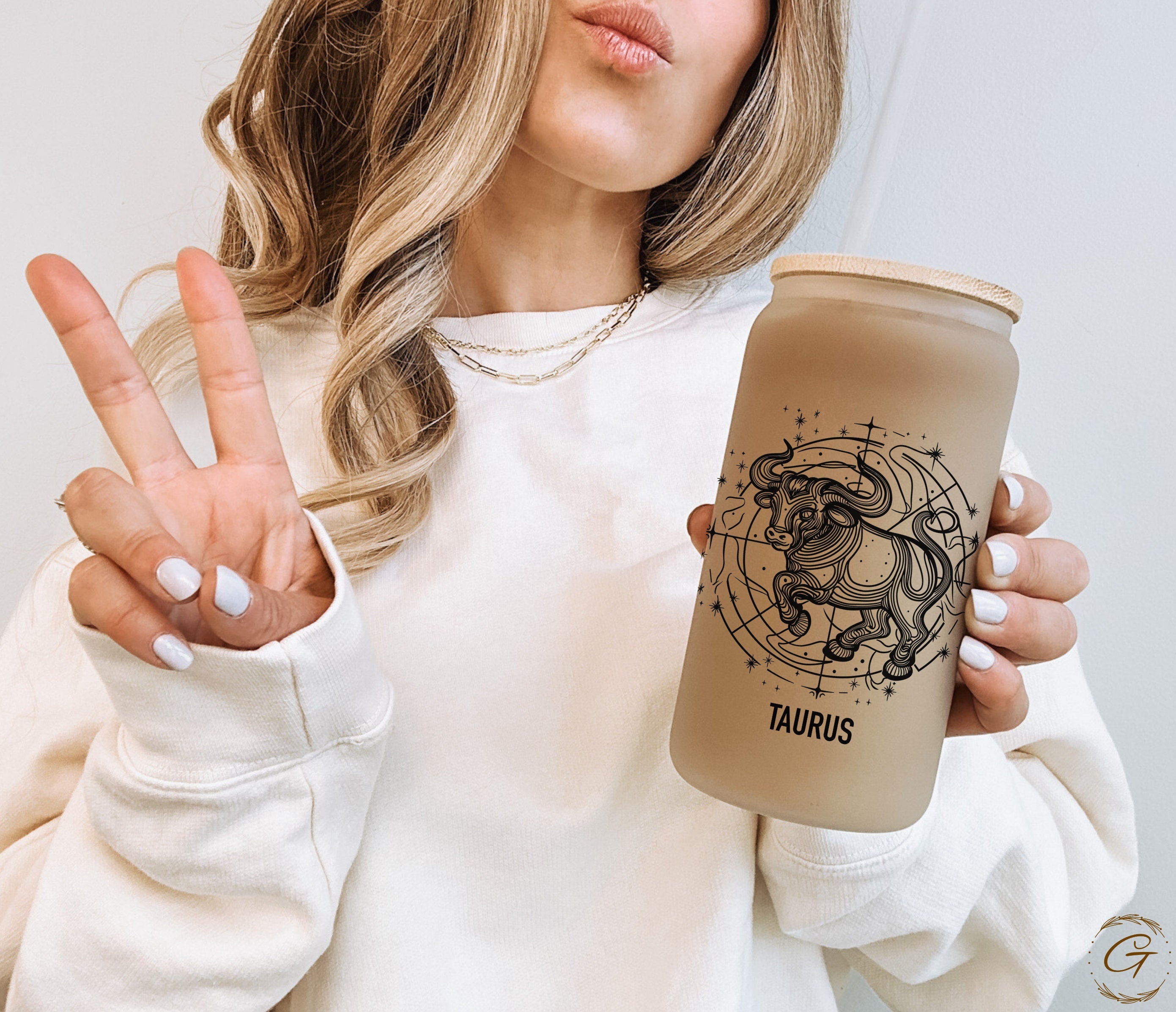 Zodiac Taurus Frosted Glass Cup, Astrology Bull Print Libbey Cup Custom Name