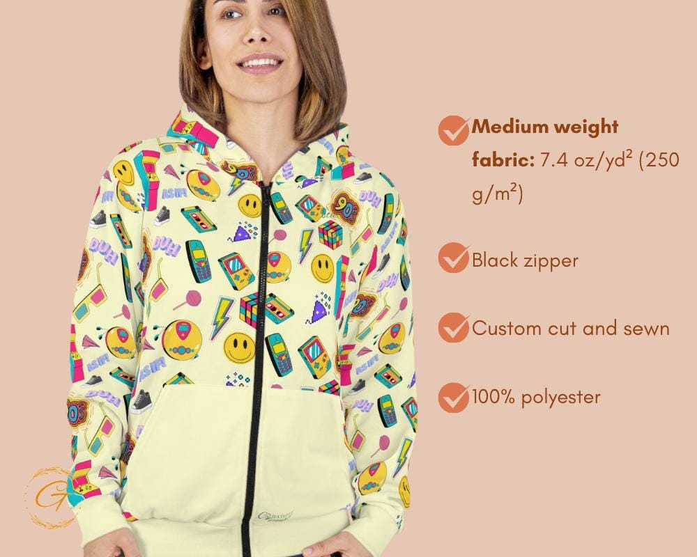 90s Nostalgia Unisex Zip Hoodie AOP, Retro Throwback Hoodie
