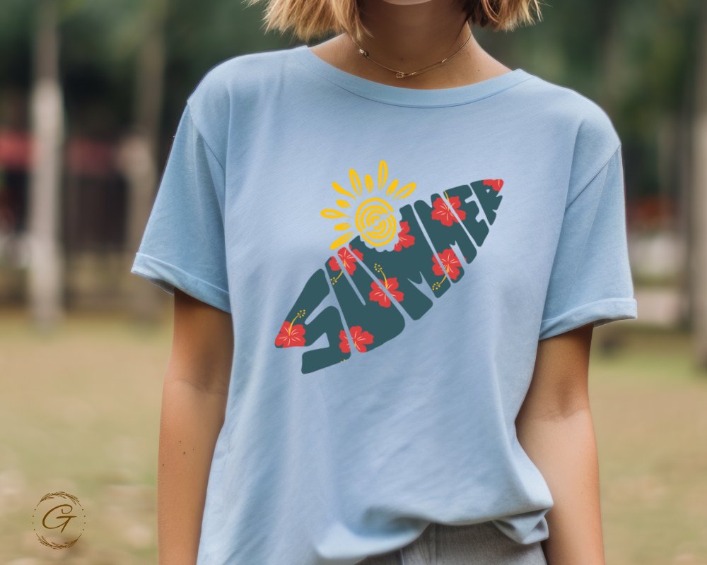 Summer Surfboard and Flowers Design T Shirt product type