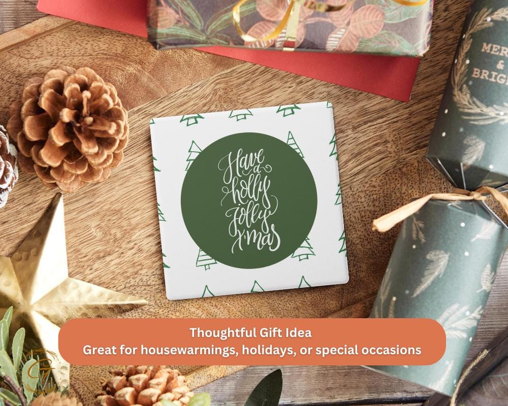 Soapstone Coaster with "Have a Holly Jolly Christmas" Green Design, Festive Holiday Coaster, Cork Backing, Christmas Decor, Unique Gift Idea