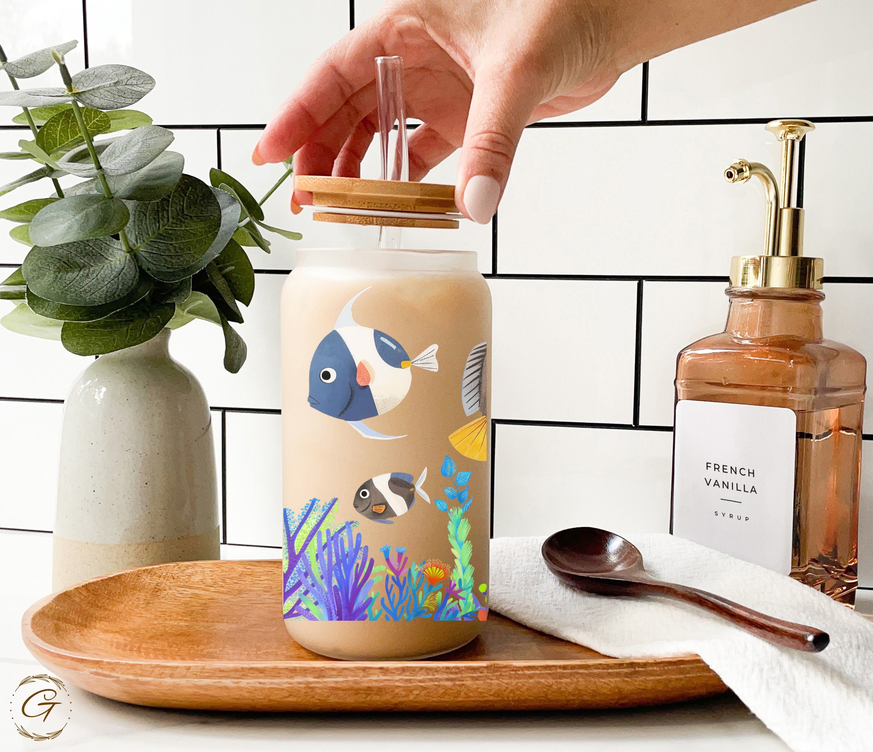 Fish and Corals Design Frosted Glass Cup