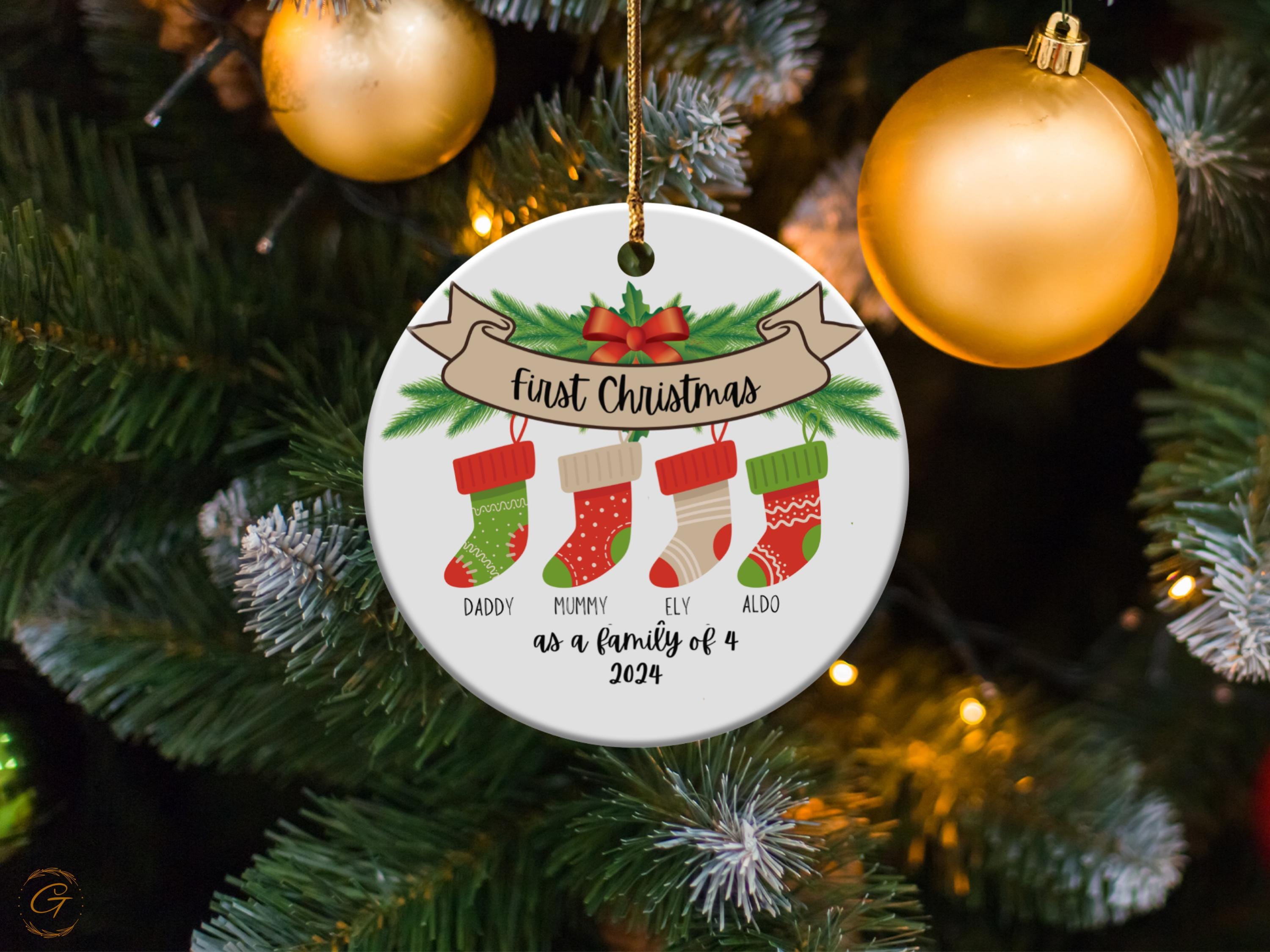 First Christmas Family of 4 Ornament | Personalized Stocking Ornament | Holiday Decor & Christmas Gift 2024 | Unique Gift for Stockings 2024