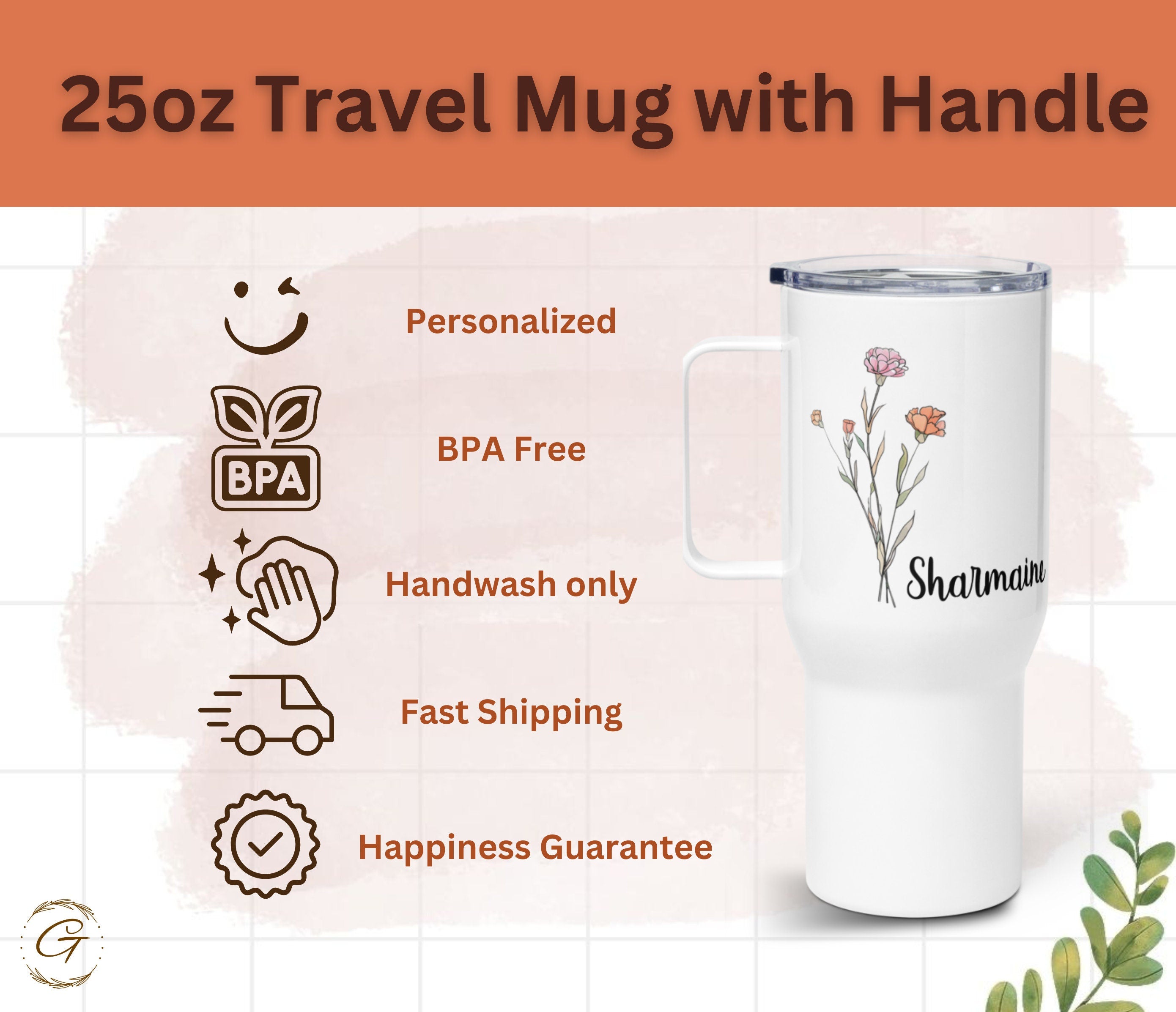 Personalized Birth Flower & Name 25 oz Travel Mug with Handle - Custom Floral Unique Mother's Day Gift Bridesmaid Gift and For Coffee Lovers