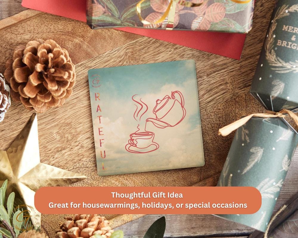 Square Stone Coasters with Grateful Tea Time Design, Durable Cork Backing, Elegant and Absorbent Drink Coaster, Home Decor Perfect Gift Idea