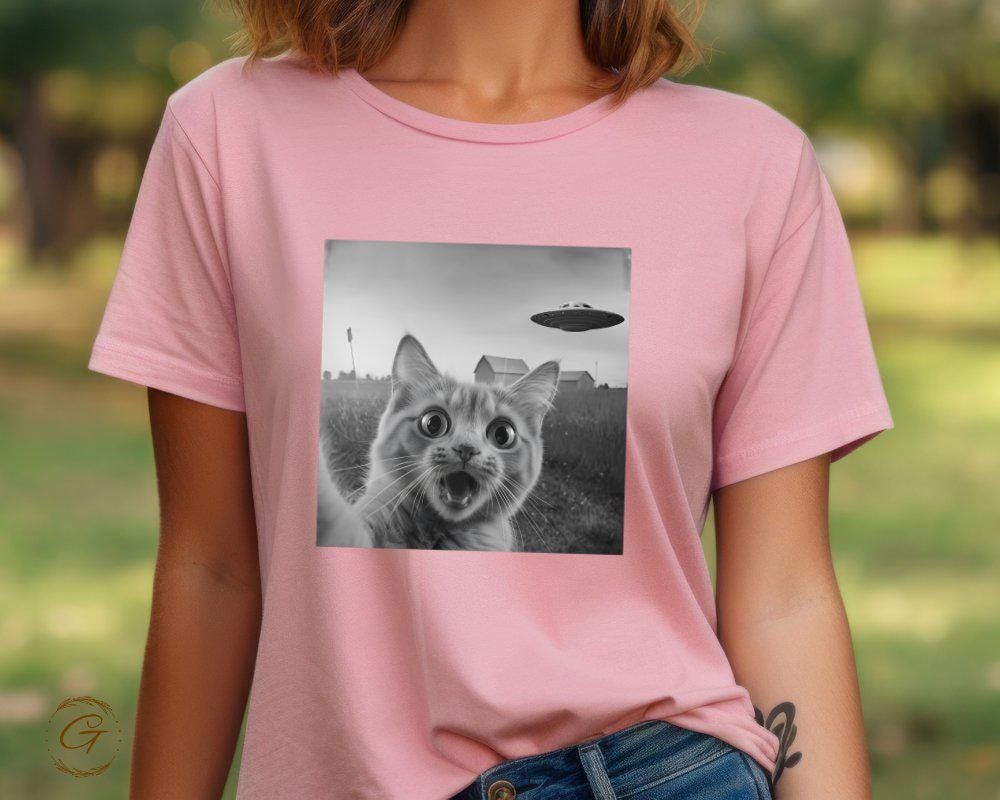 Cute Alien Encounter Cat Design T-Shirt, Funny Cat with UFO Tee