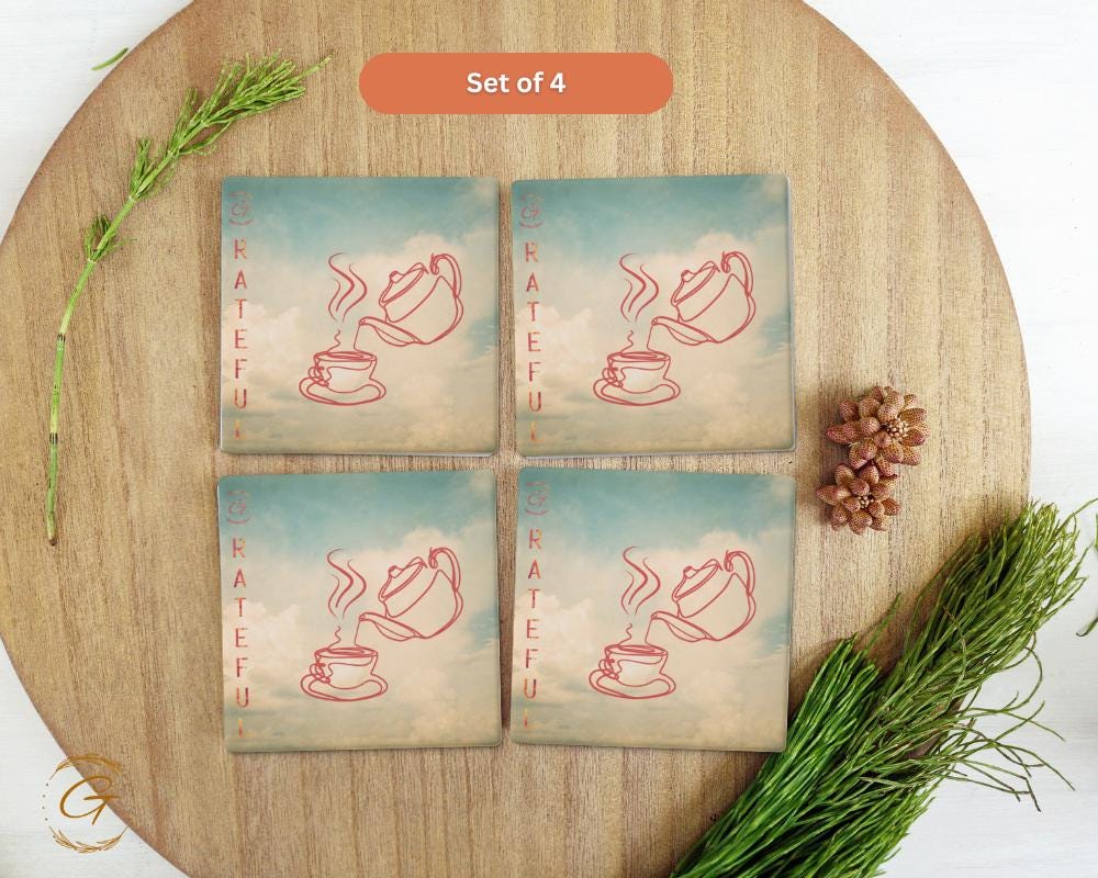 Square Stone Coasters with Grateful Tea Time Design, Durable Cork Backing, Elegant and Absorbent Drink Coaster, Home Decor Perfect Gift Idea