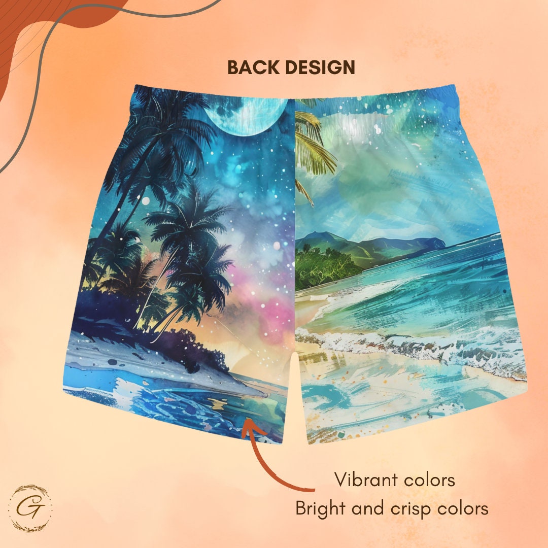 Tropical Beach Swim Shorts, Colorful AOP Design, Perfect for Summer Fun, Beachwear Gift, Tropical Beach Design, Perfect Idea for Summer Gift
