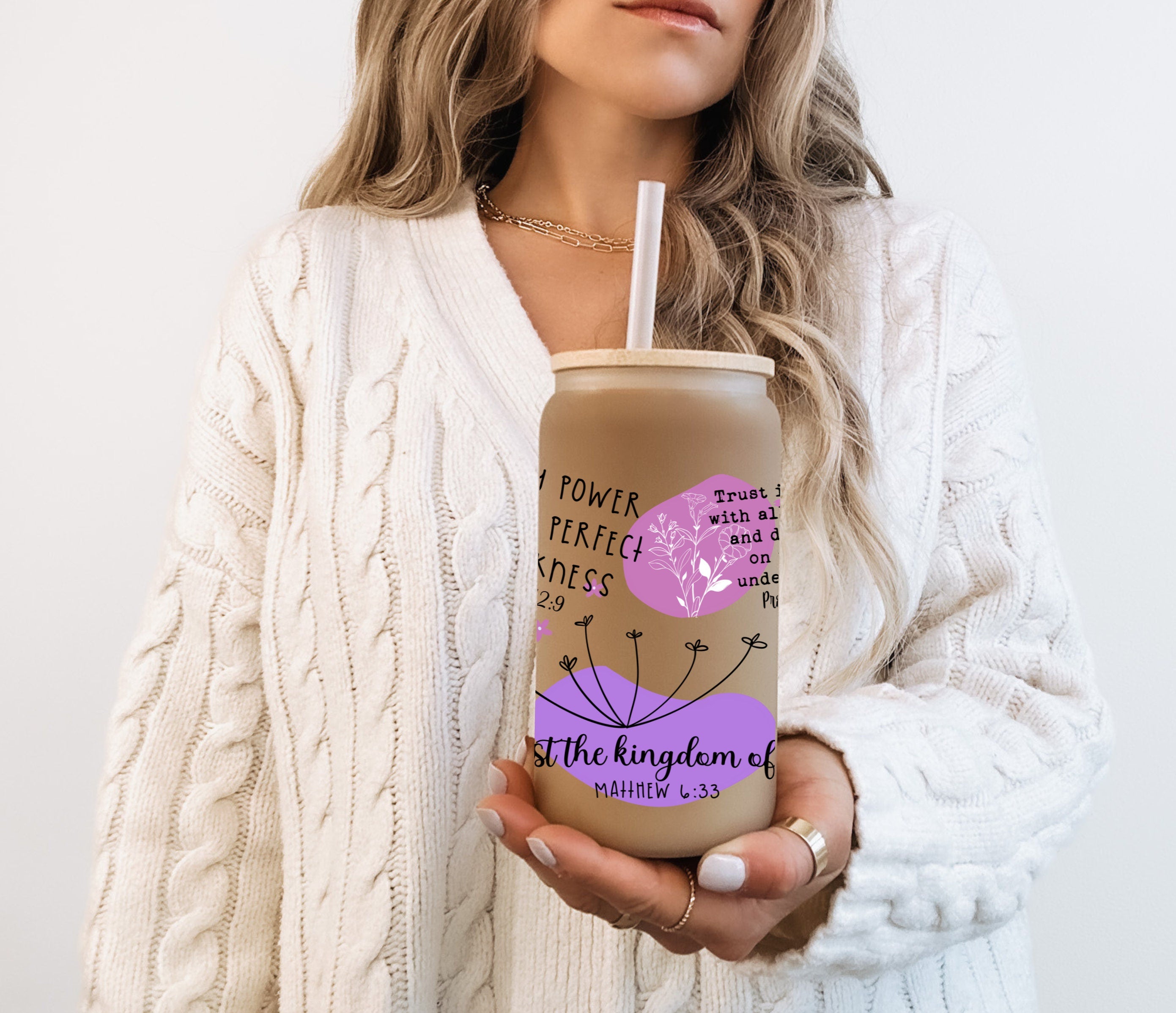 16oz Christian Affirmation Frosted Libbey Cup, Purple Inspirational Drinkware Gift, Spiritual Encouragement Gift, Bible Affirmations Tumbler