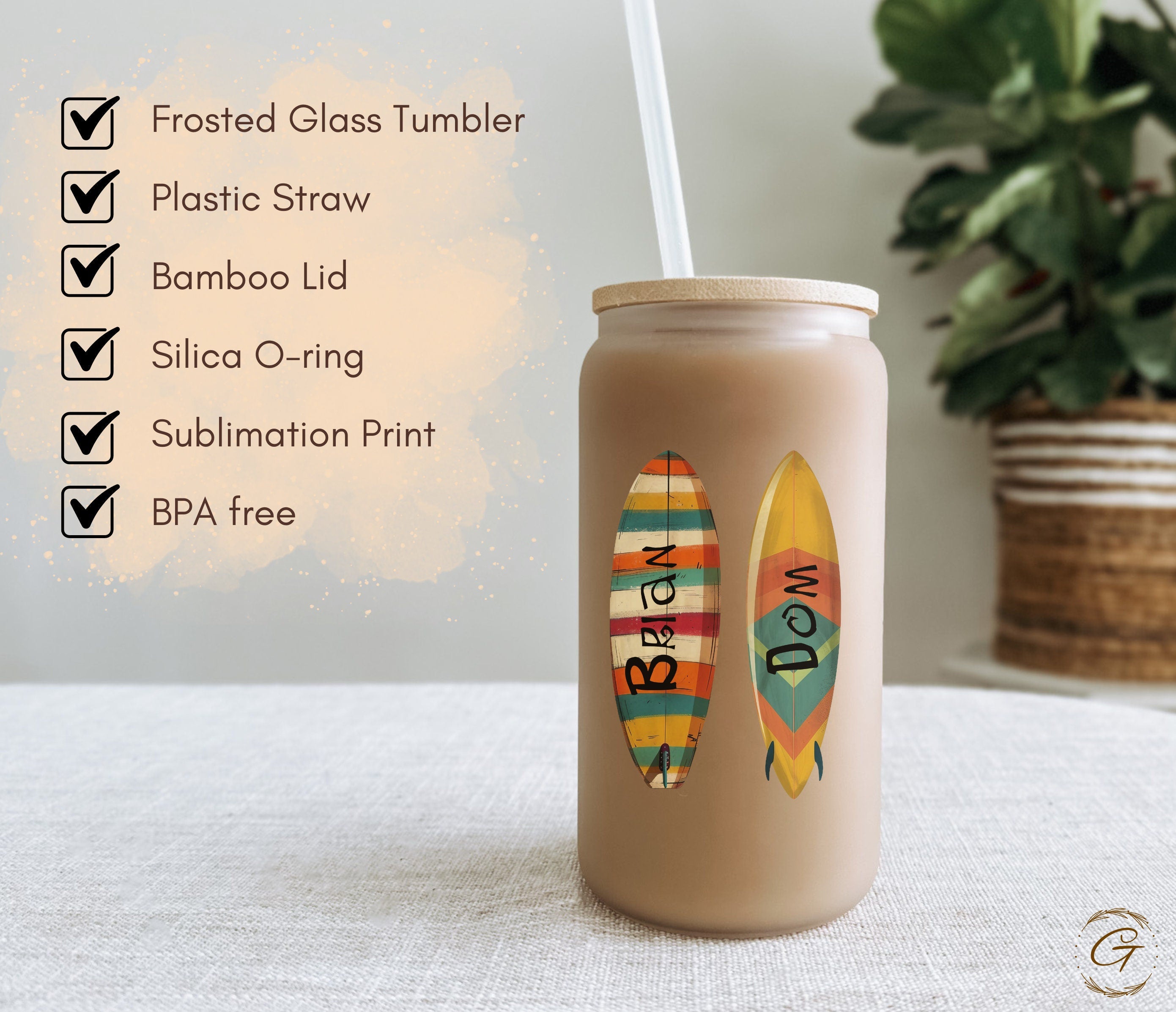 Surf Buddies Colorful Surfboard Design Frosted Glass Cup