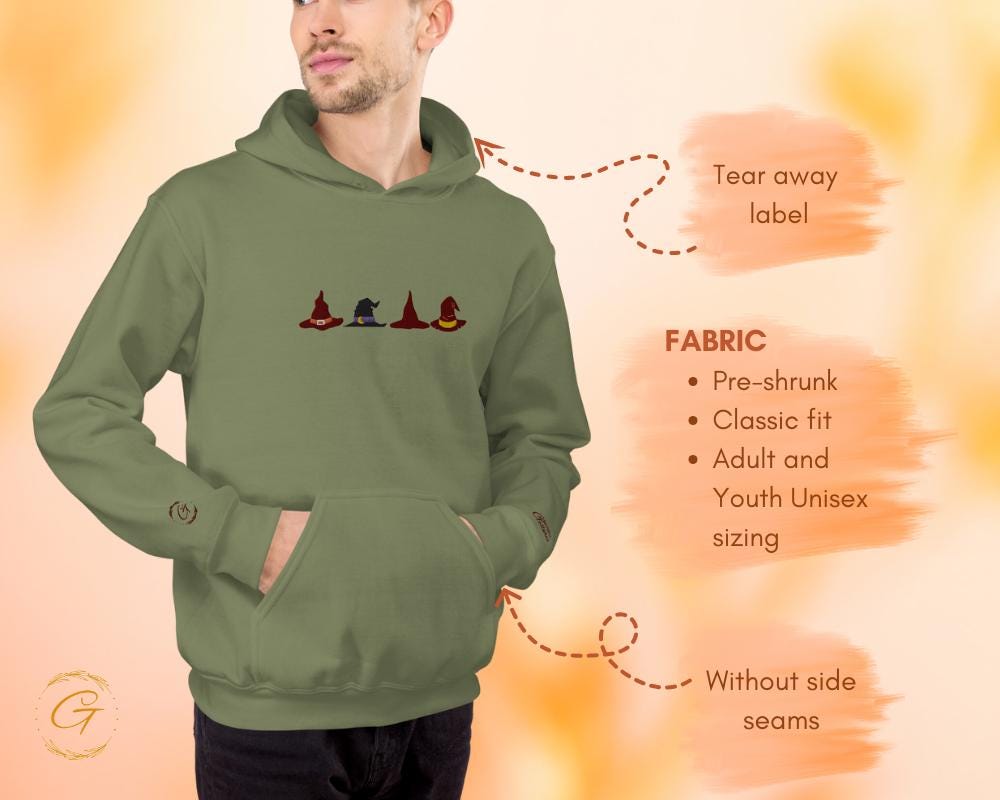 Halloween Hoodie, Stylish Embroidery Design Hooded Sweatshirt, Unique Hooded Pullover, Wizard Hat Graphic Hooded Sweatshirt, Cozy Hooded Top