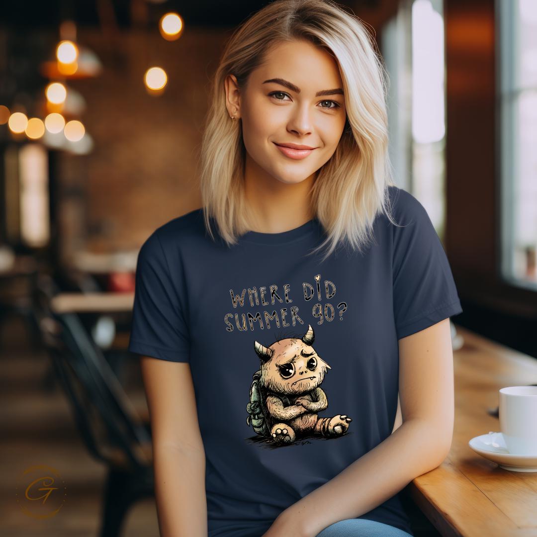 Funny Summer Sad Monster T-Shirt - Quirky Cartoon Graphic Tee