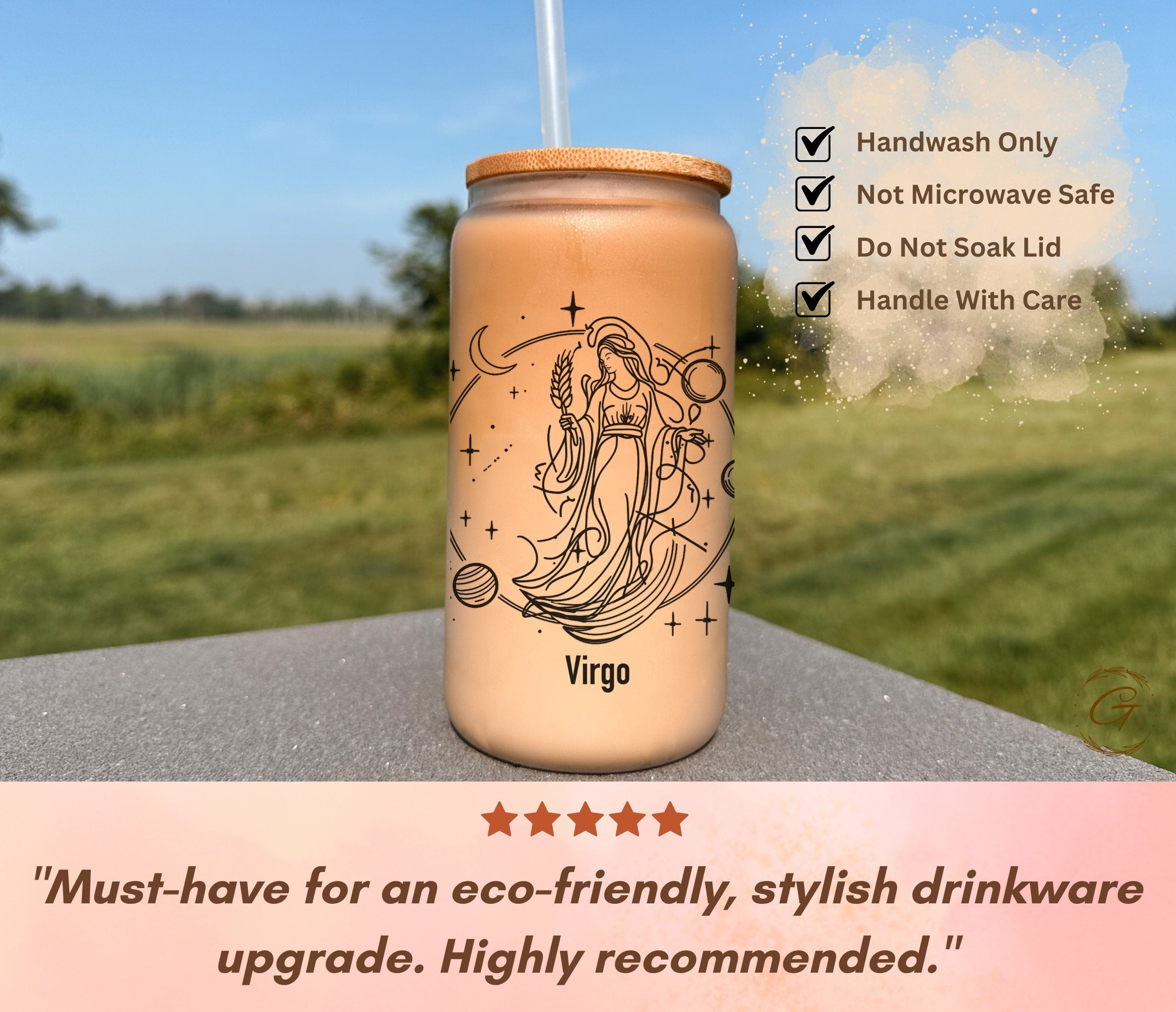 Virgo Zodiac Sign Frosted Glass Cup, Personalized Astrology Gift Coffee Cup