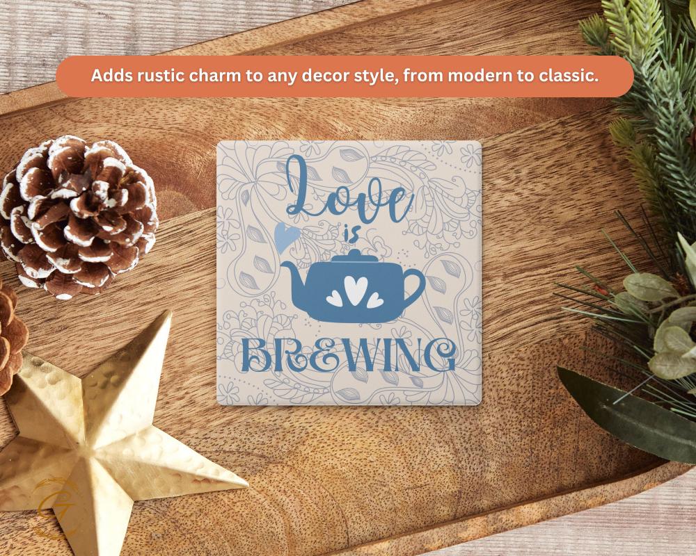 Soapstone Coaster with Love Is Brewing Design Cork Backing Perfect for Coffee Lovers Cute Gift Idea Home Decor, Stylish Drinkware Accessory