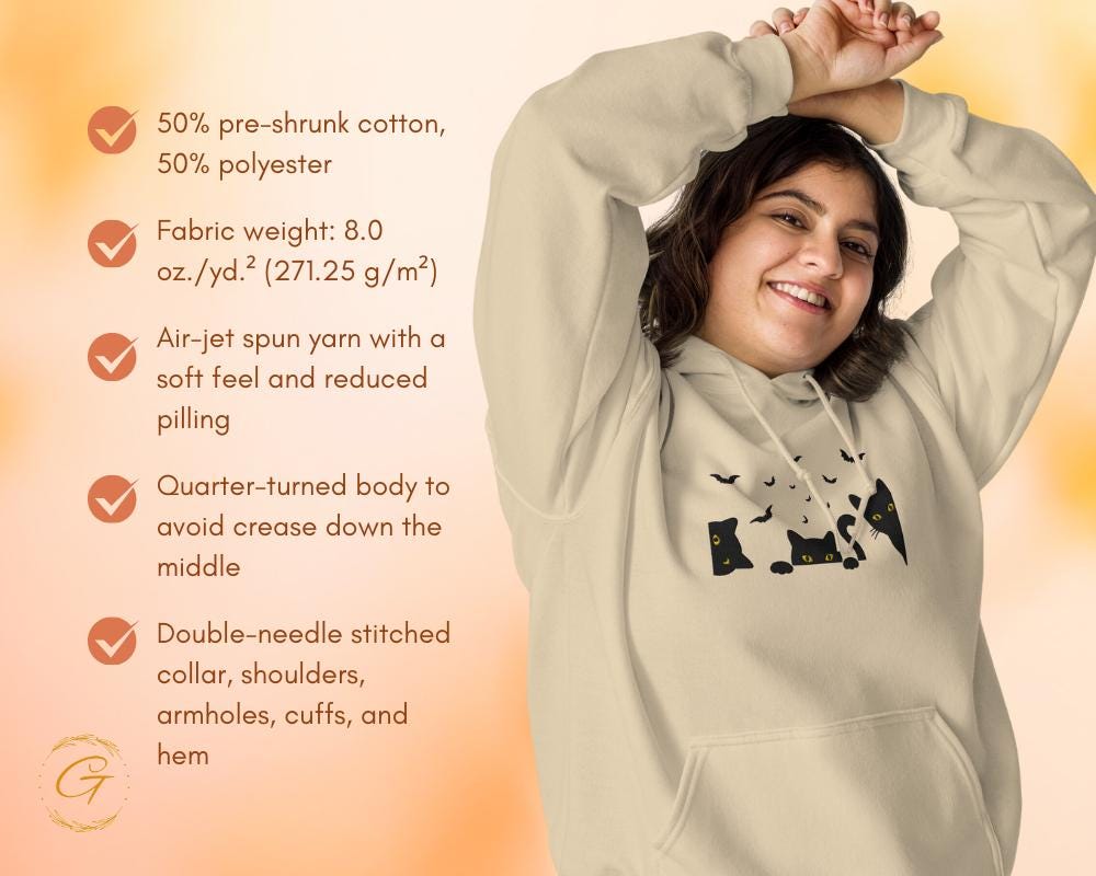 Halloween Hoodie, Embroidery Spooky Cats Hoodie, Bats and Cats Sweatshirt, Halloween Pullover, Black Cats Hooded Top, Spooky Hooded Sweater