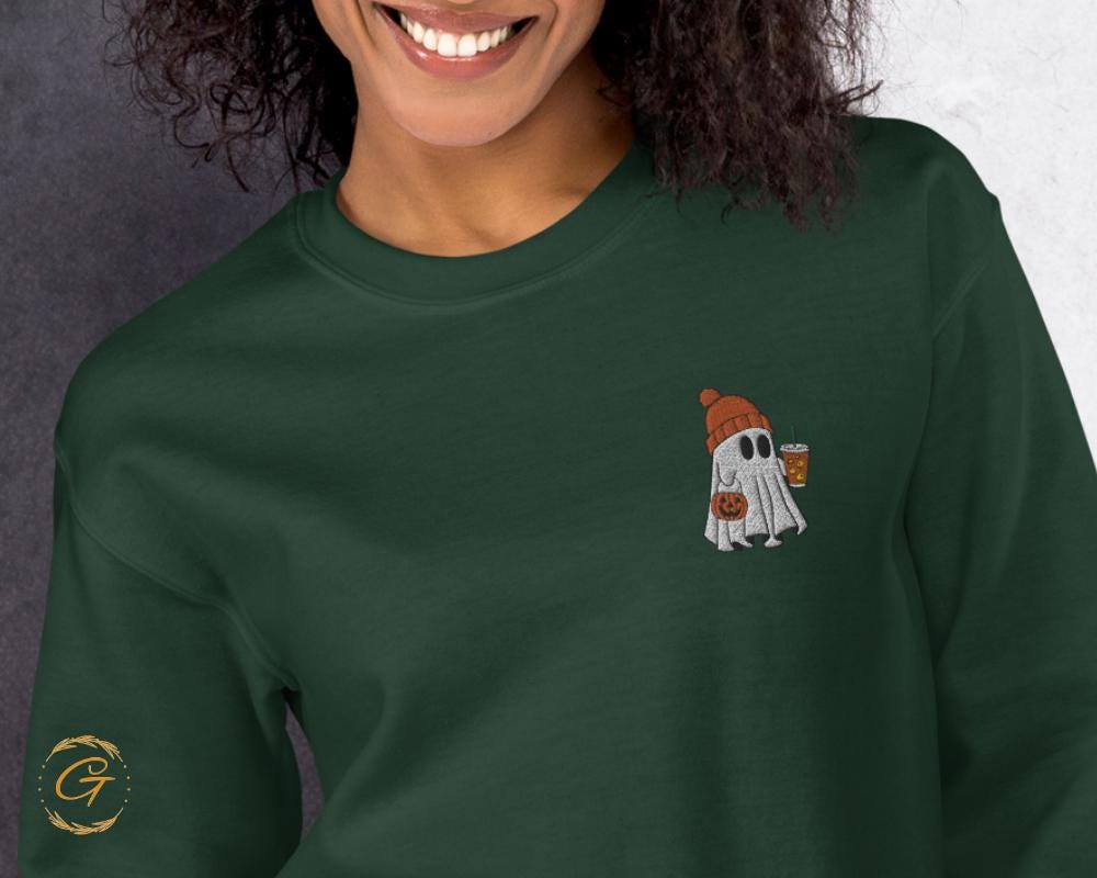 Halloween Ghost Sweatshirt, Spooky Iced Coffee Ghost Pullover Halloween Casual Crewneck, Long-Sleeve Ghost Top Pumpkin Ghost Warm-Up Sweater