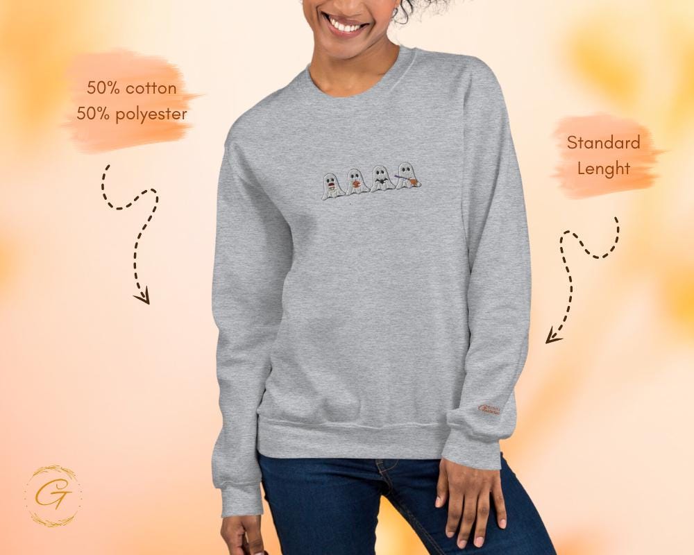 Halloween Sweatshirt, Four Boos Embroidery Design Crewneck, Spooky Season Pullover, Casual Sweater, Ghost Long-Sleeve Top,Spooky Warm-Up Top