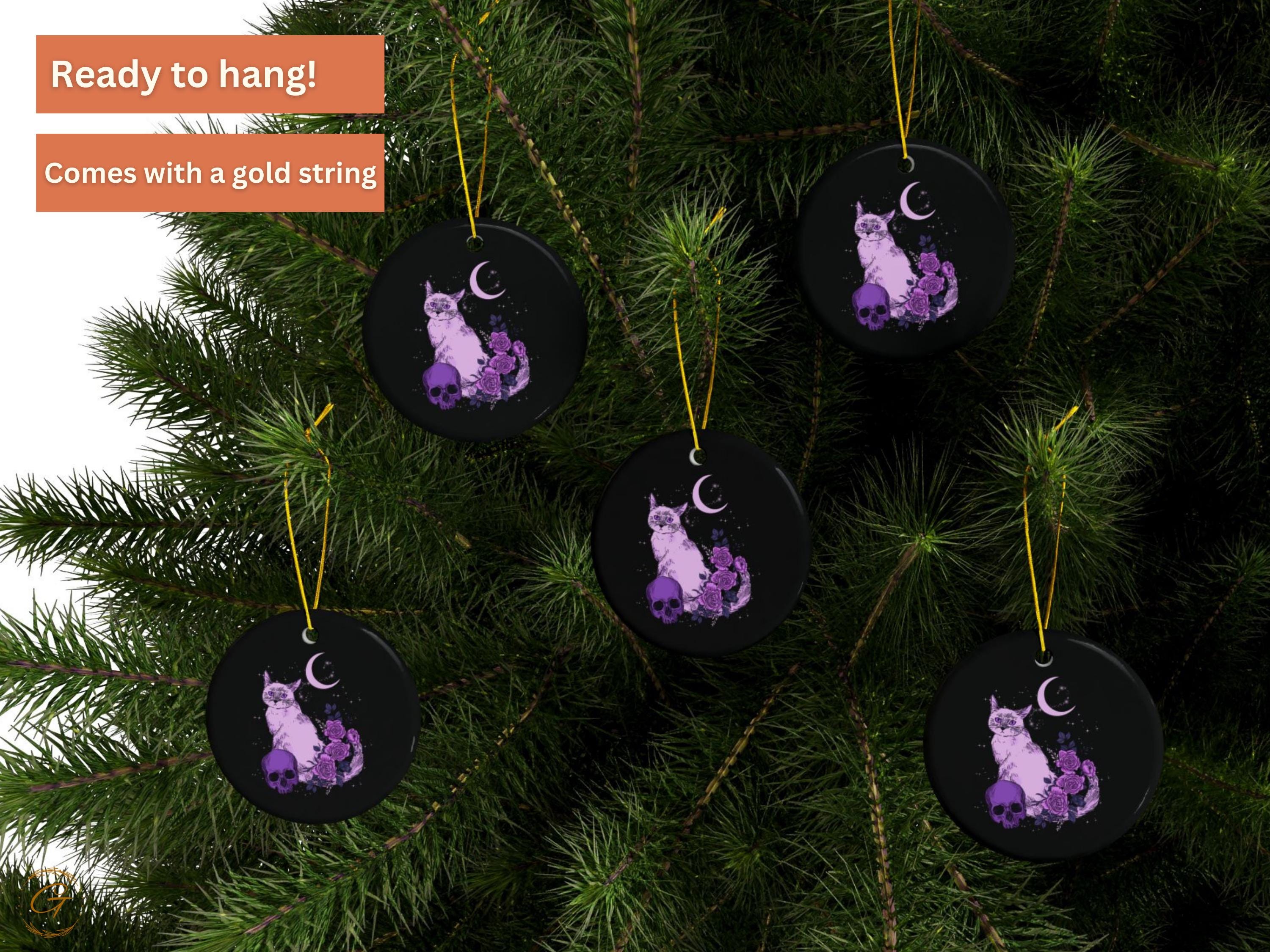 Gothic Black Cat Art Ornament, Moon and Roses Decor, Purple Cat Print, Mystical Home Decoration, Halloween Witchy Ornament Gift, Spooky Gift