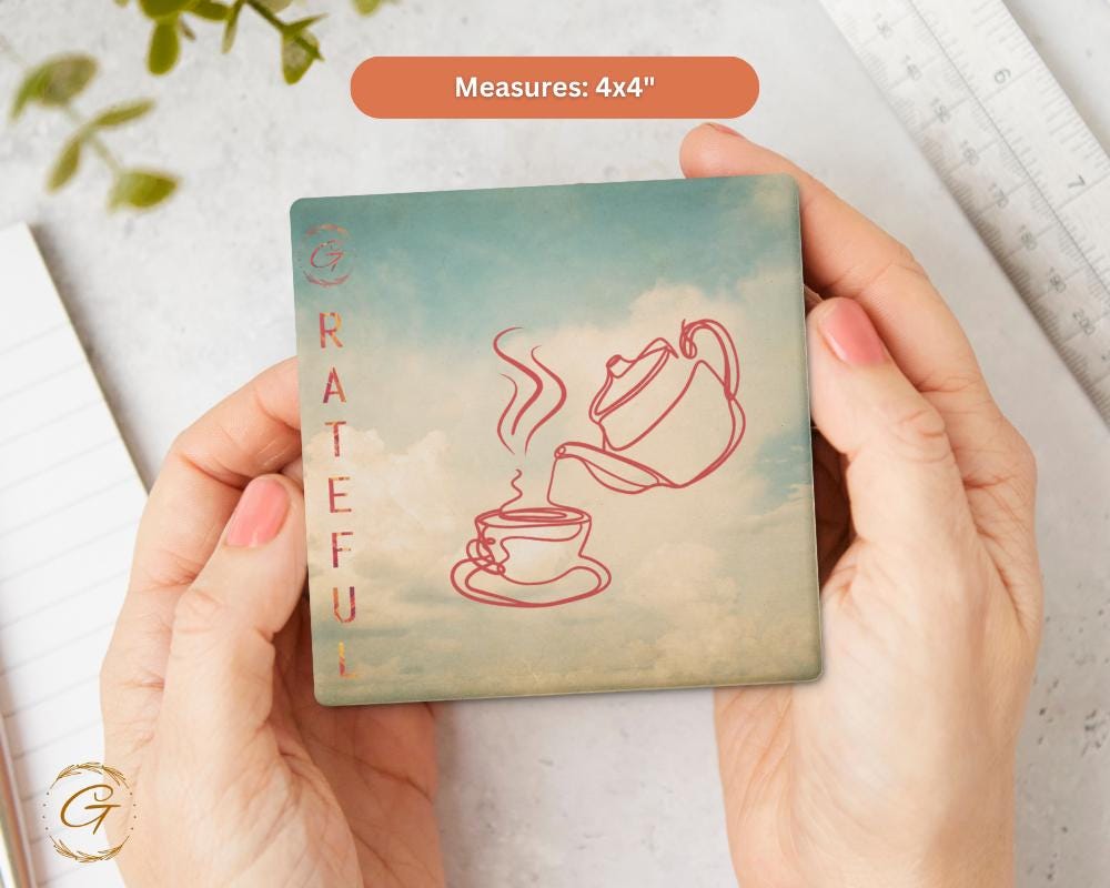 Square Stone Coasters with Grateful Tea Time Design, Durable Cork Backing, Elegant and Absorbent Drink Coaster, Home Decor Perfect Gift Idea