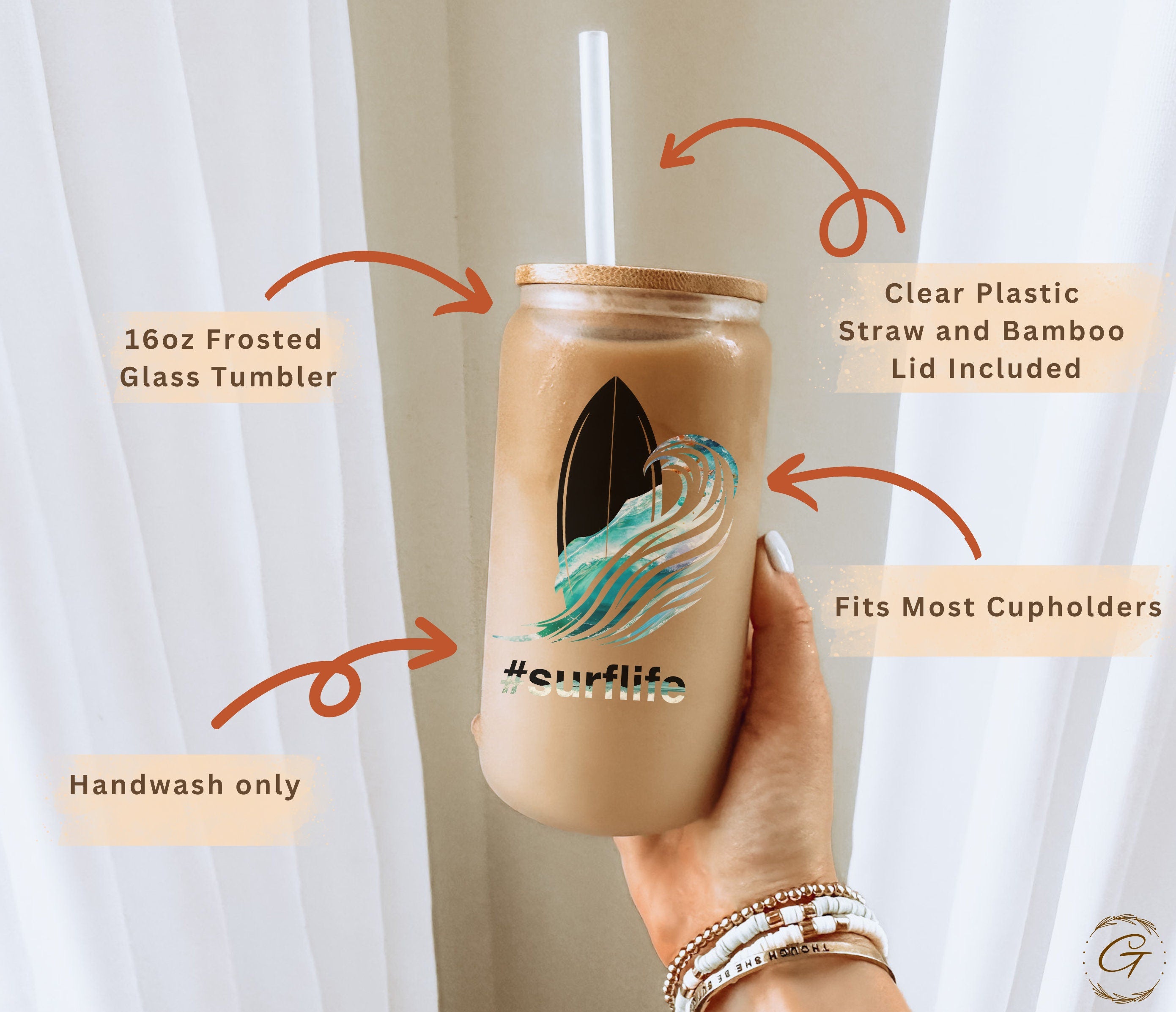 Surf Life Design Frosted Glass Cup, Personalized Beach Waves Libbey Cup