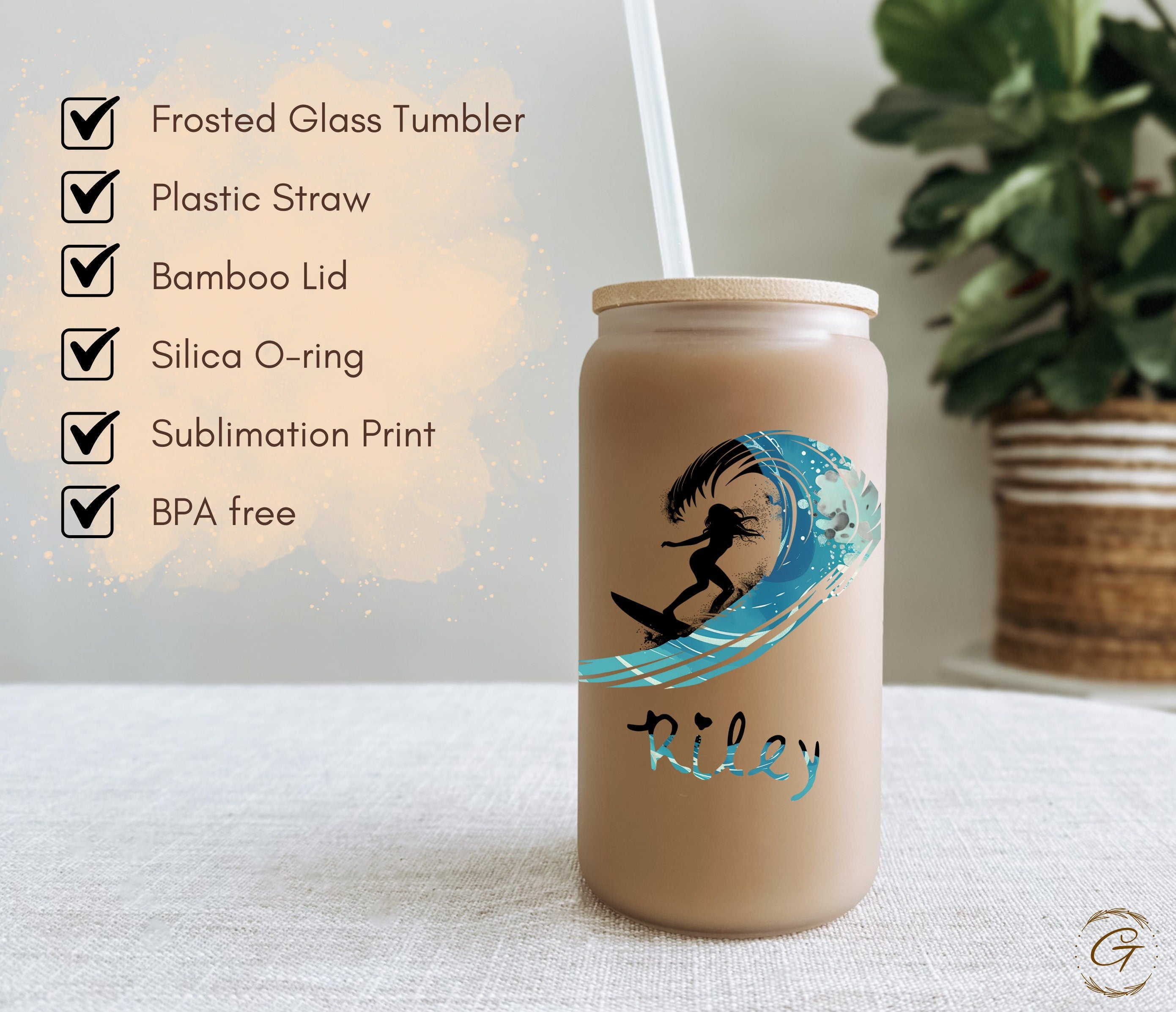 Surfing Silhouette Frosted Glass Cup