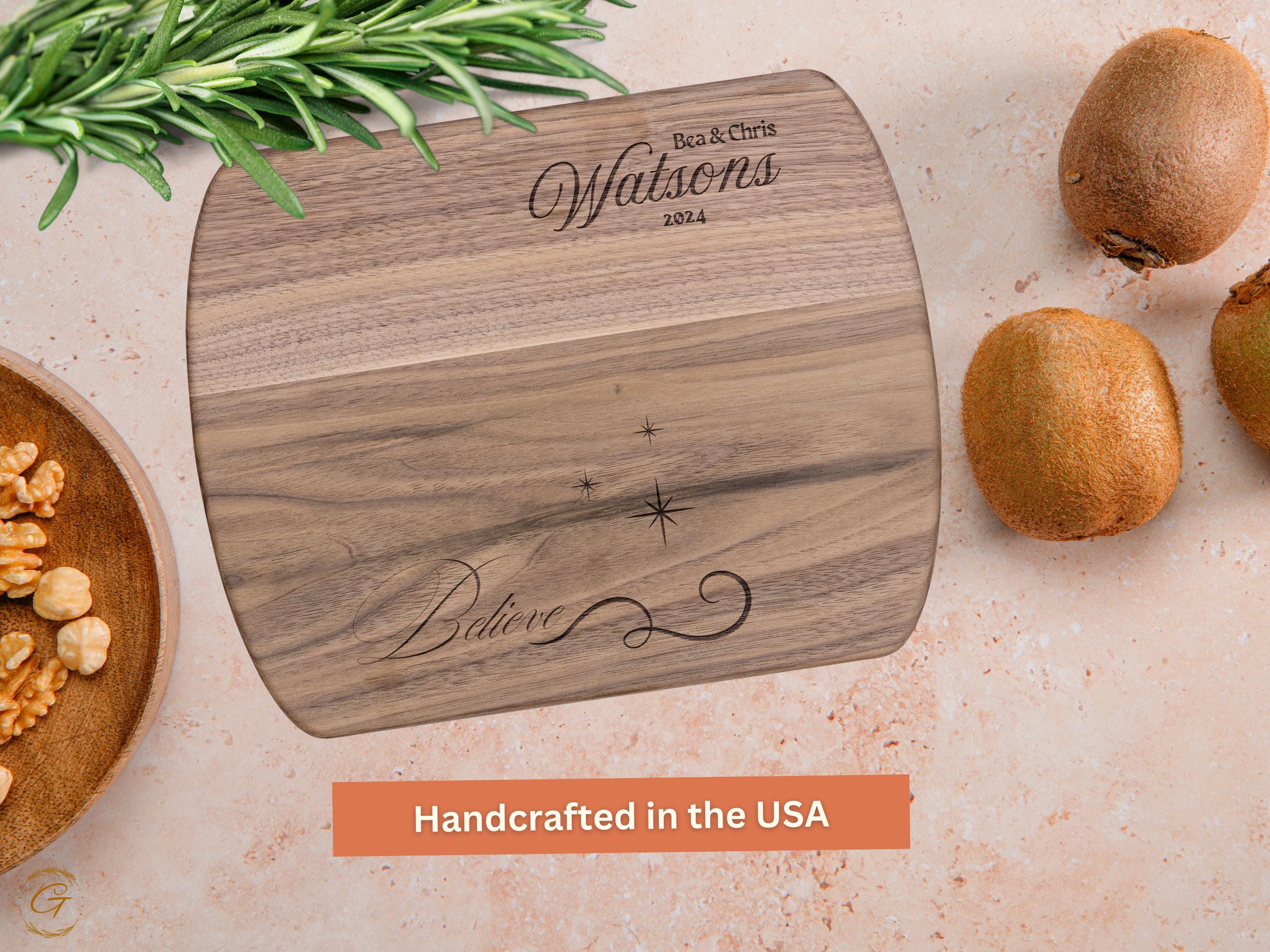 Personalized Hardwood Oval Cutting Board- "Believe" Christmas with Family Name Engraving - Custom Christmas Gift for Couples or Housewarming