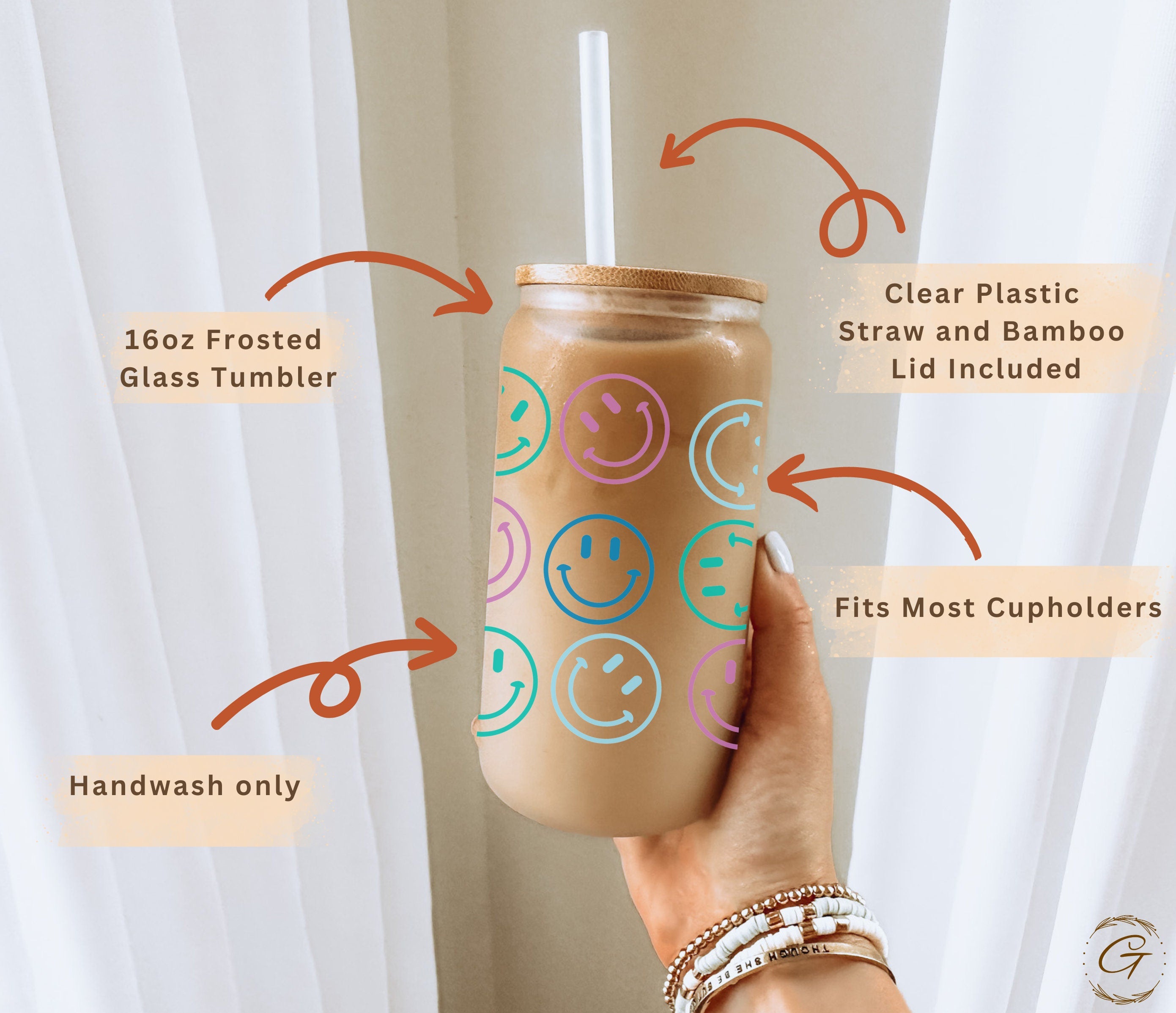 Trendy 16-oz Frosted Libbey Glass Cup with All-Over Smiley Floral Icons – Perfect for Drinks, Gifts For Her, Customizable Options Available