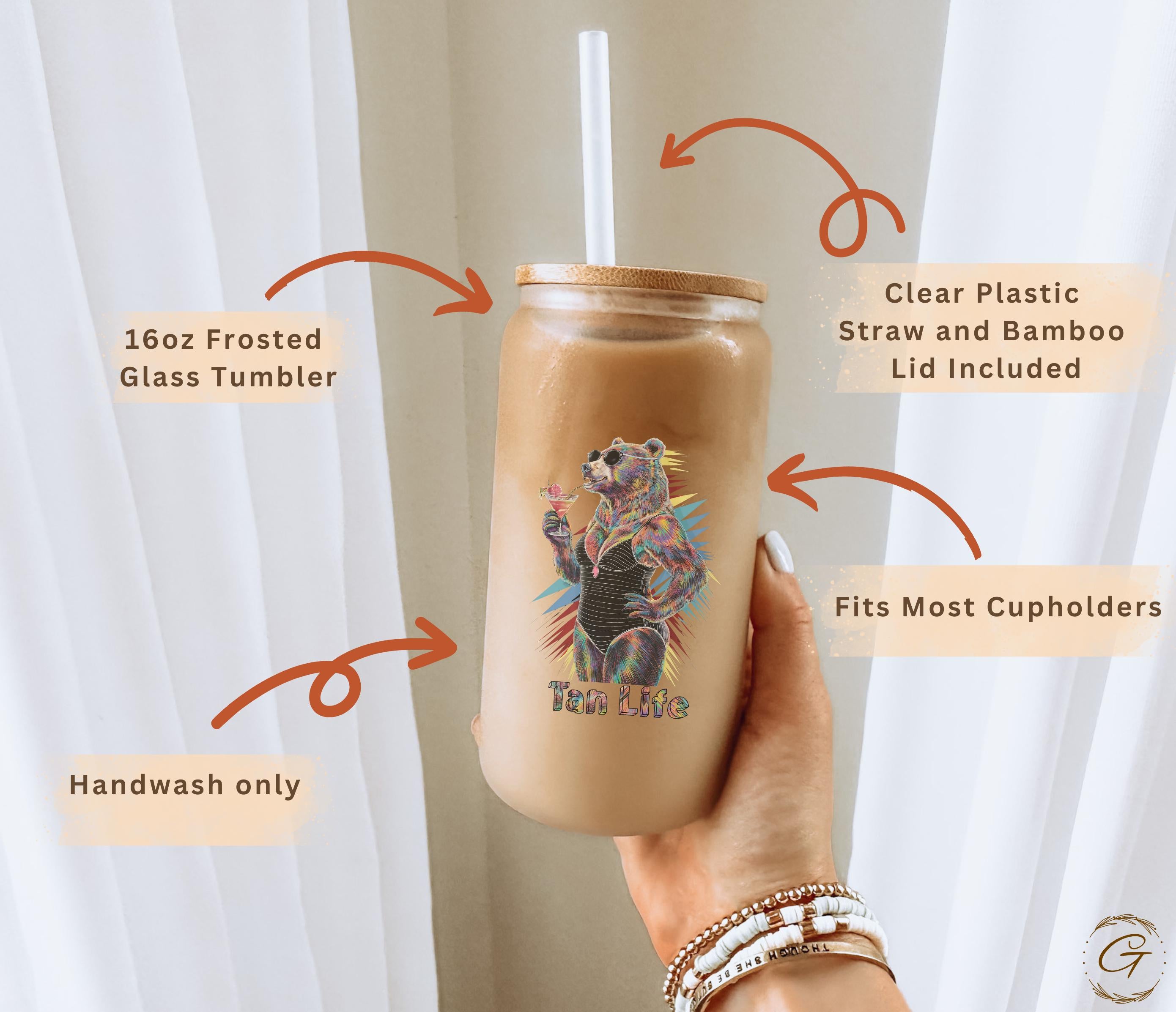 Tan Life Bear Design Frosted Glass Cup