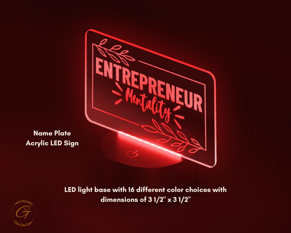 Entrepreneur Mentality Name Plate Acrylic LED Light, Motivational Sign, Custom LED Room Decor, Unique Gift for Entrepreneurs, Success Decor