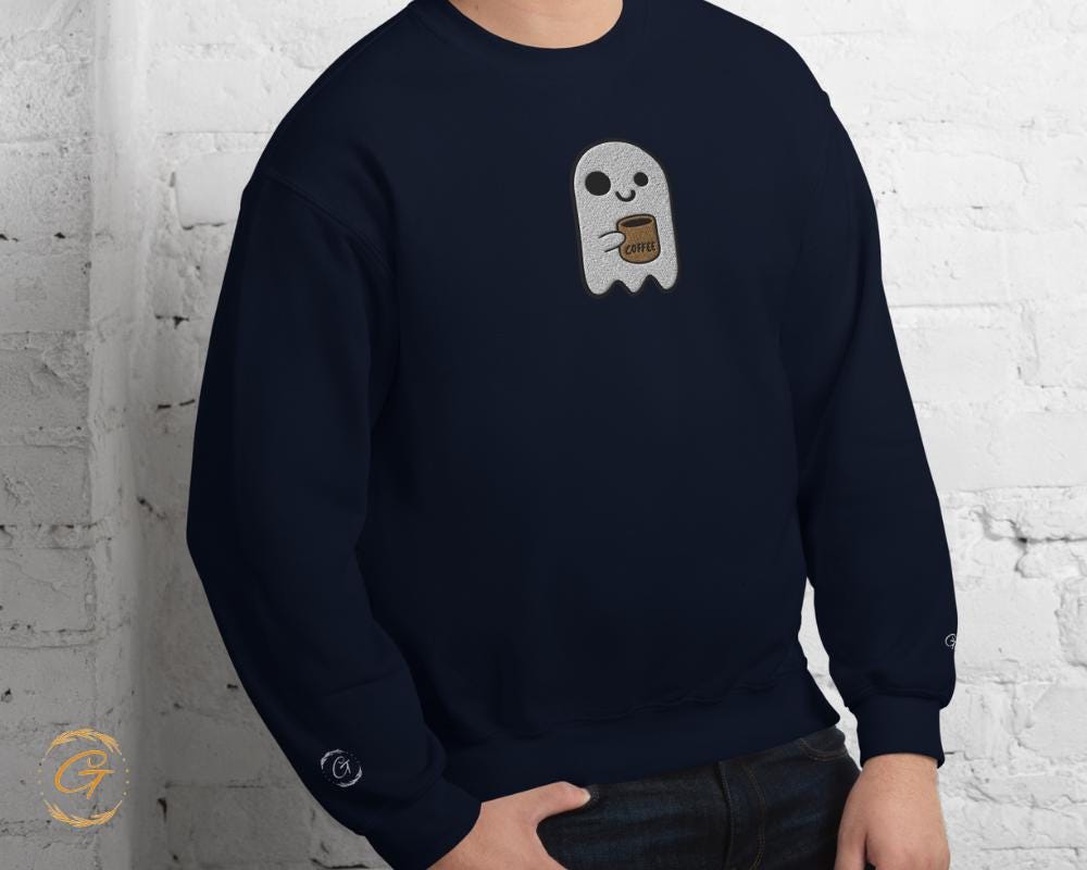 Halloween Sweatshirt, Cute Embroidery Ghost with Coffee Mug Graphic Sweatshirt Pullover Cozy Casual Long-Sleeve Warm-Up Top Ghost Lover Gift
