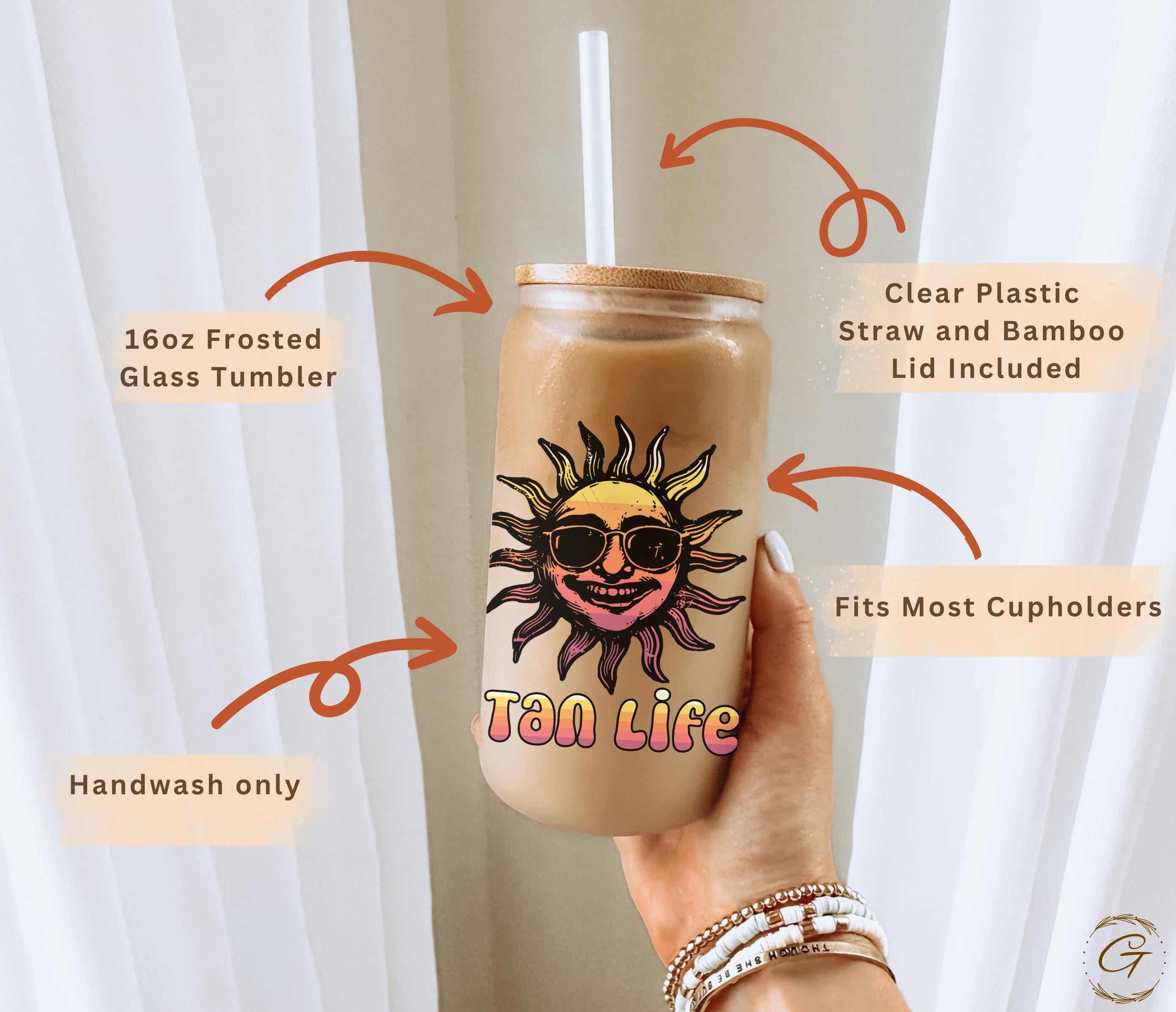 Tan Life Sun Design Frosted Glass Cup