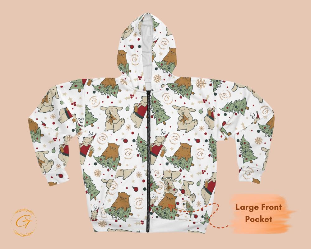 Anti Christmas White Design Unisex Zip Hoodie All-Over Print Holiday Sweatshirt