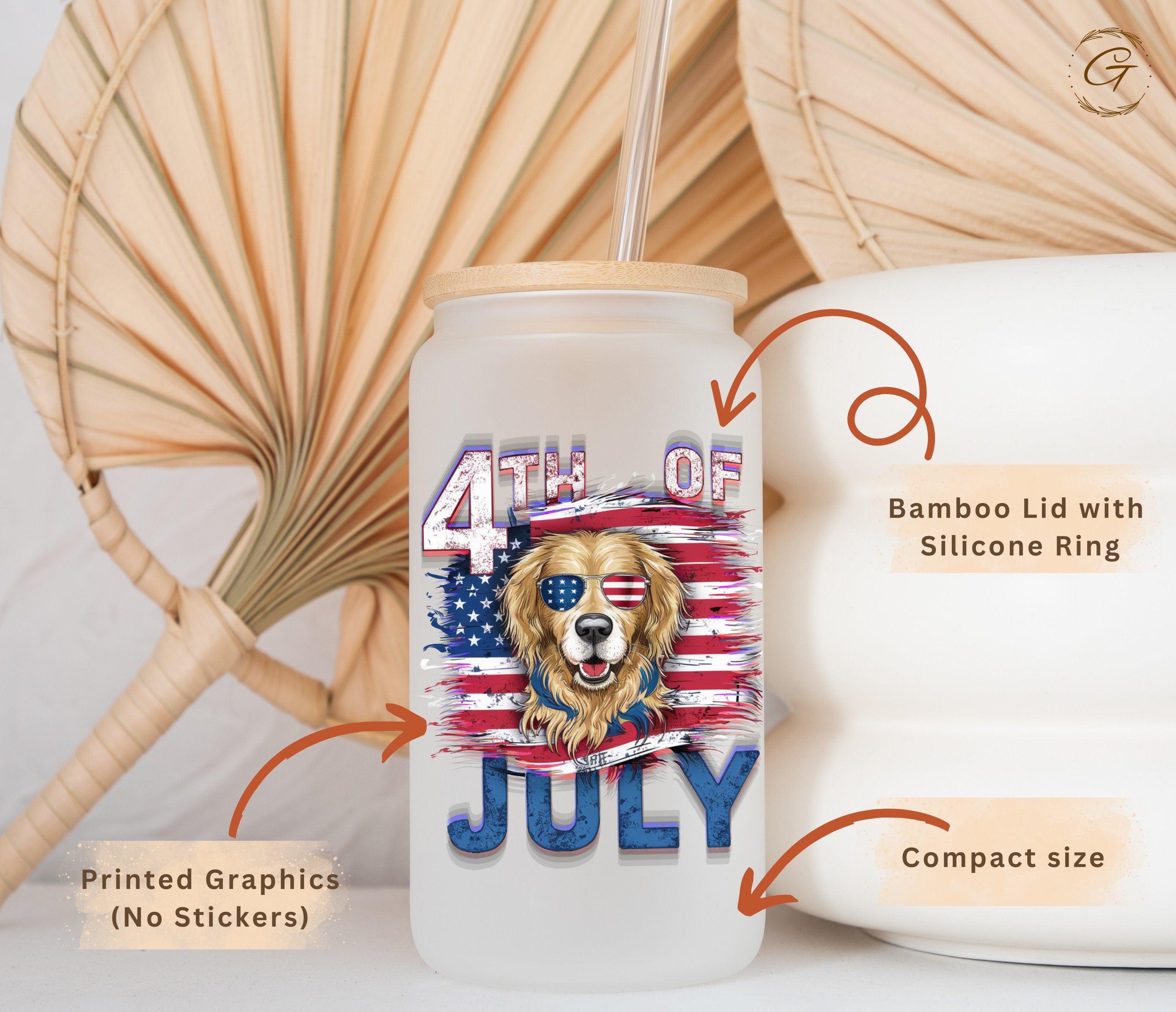 4th of July Frosted Cup with Lid & Straw, Dog in Sunglasses, Summer Party Gifts, Patriotic Holiday Drinkware, Memorable Gifts for Pet Owners