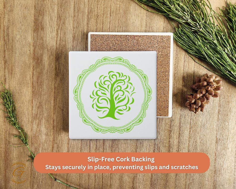 Soapstone Coaster with Tree Ornate Design Cork Backing, Nature Decor Perfect Gift for Tree Lovers, Elegant Drink Coasters for Home or Office