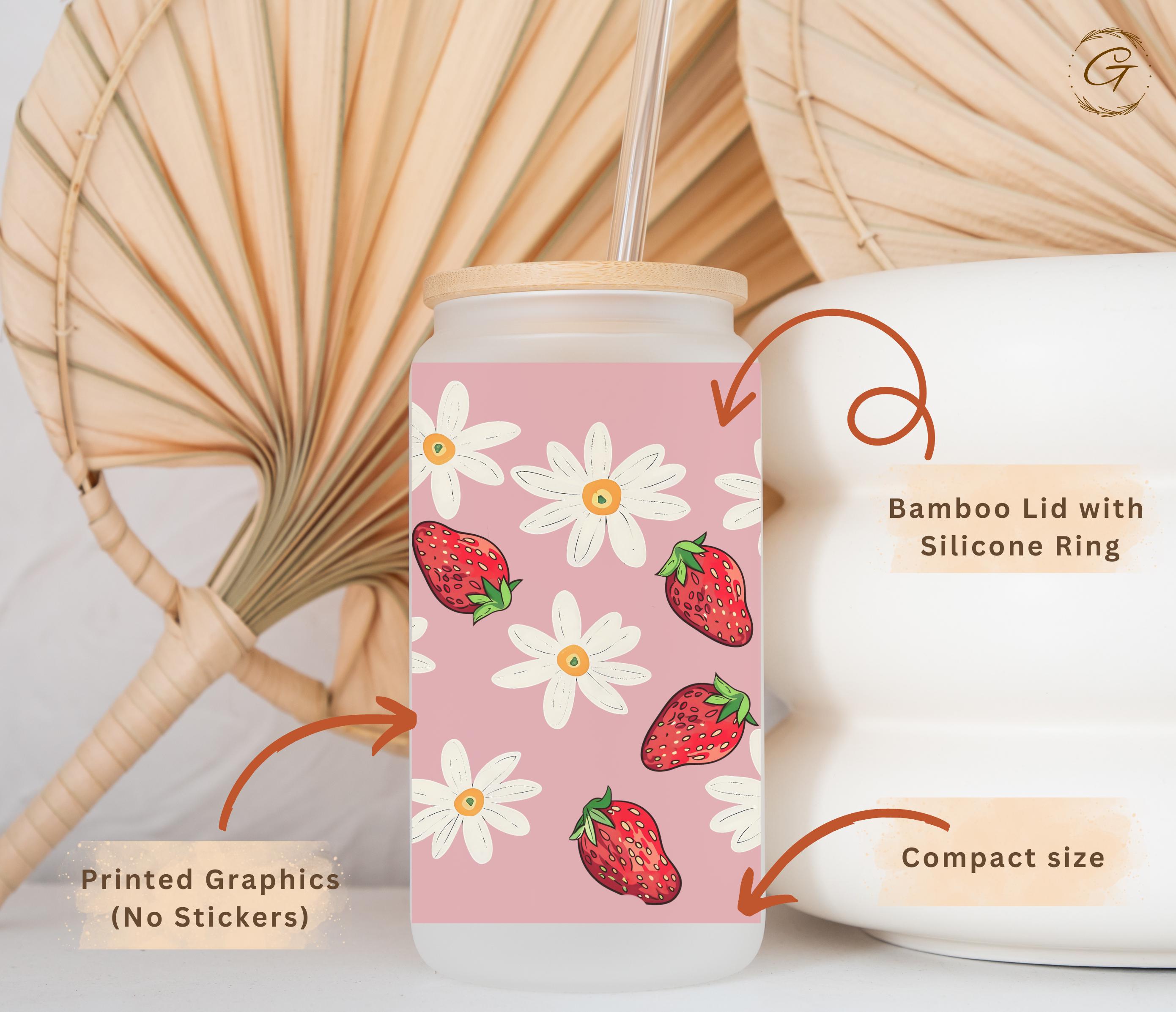 Strawberry and Daisy Design Frosted Glass Cup