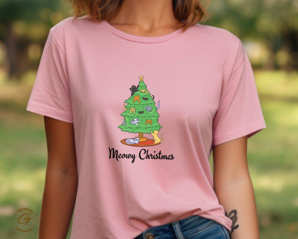 Christmas T-Shirt, Cute Meowy Tee Christmas Cat Tree Shirt