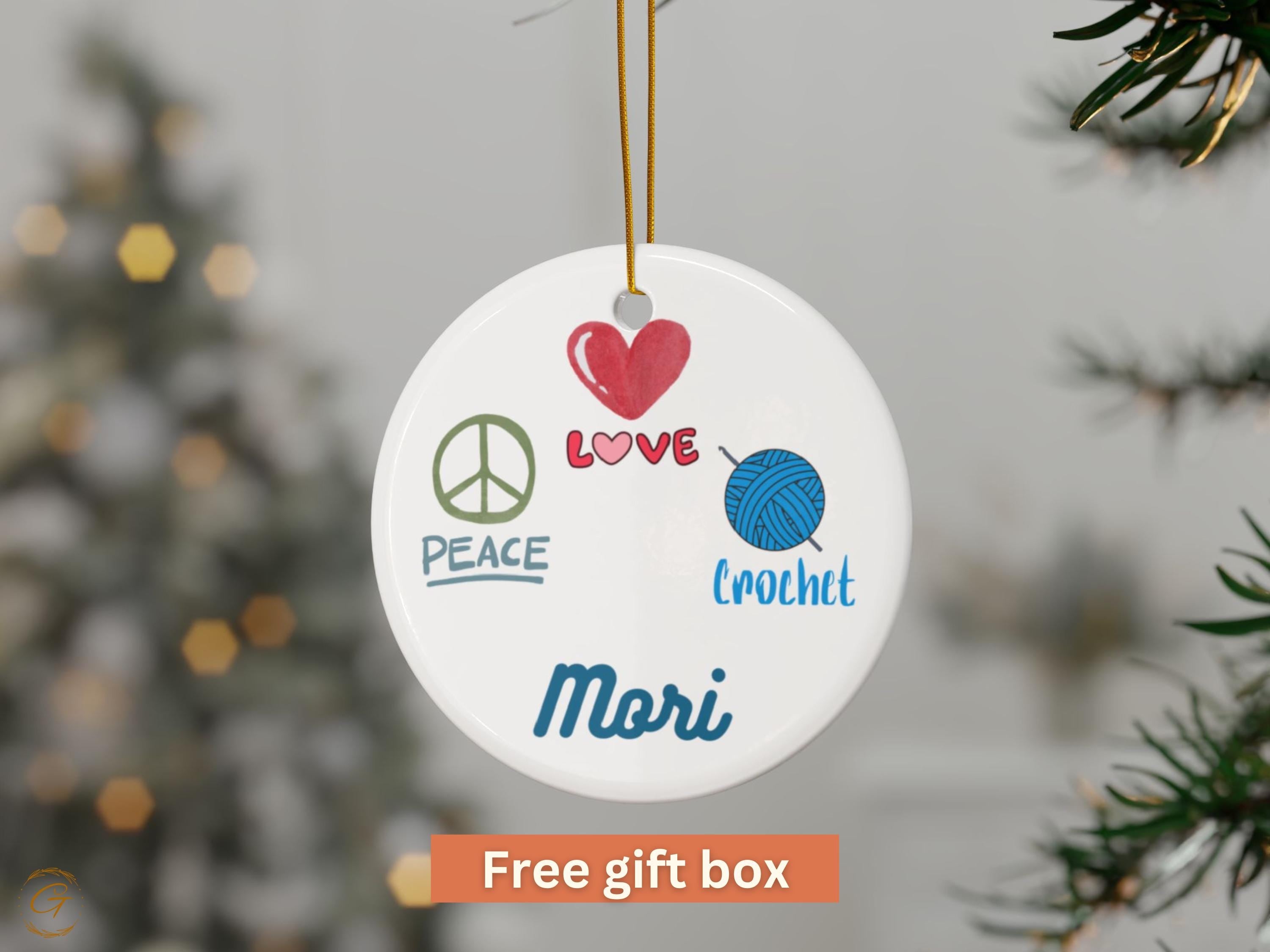 Personalized Peace Love Crochet Hobby Ornament, Cute Heart Crochet Ornament, Peace Symbol Ornament, Personalized Handcrafted Gift