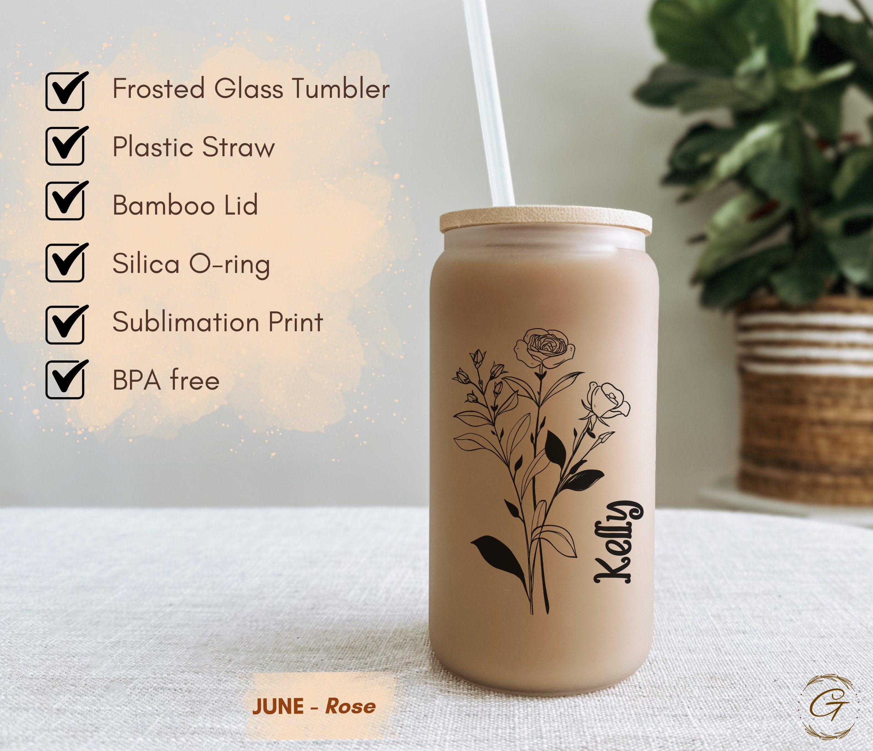 Personalized Birth Month Flowers Frosted Glass Cup Tumbler Custom Frosted Design Perfect Personalized Gift, Unique Keepsake Cup Ideal Gift