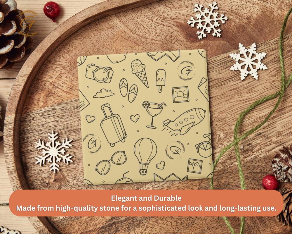 Soapstone Coaster with Doodle Hobby Pattern Design, Unique Drink Coaster with Cork Backing Perfect for Home Decor or Gift Idea for Hobbyists