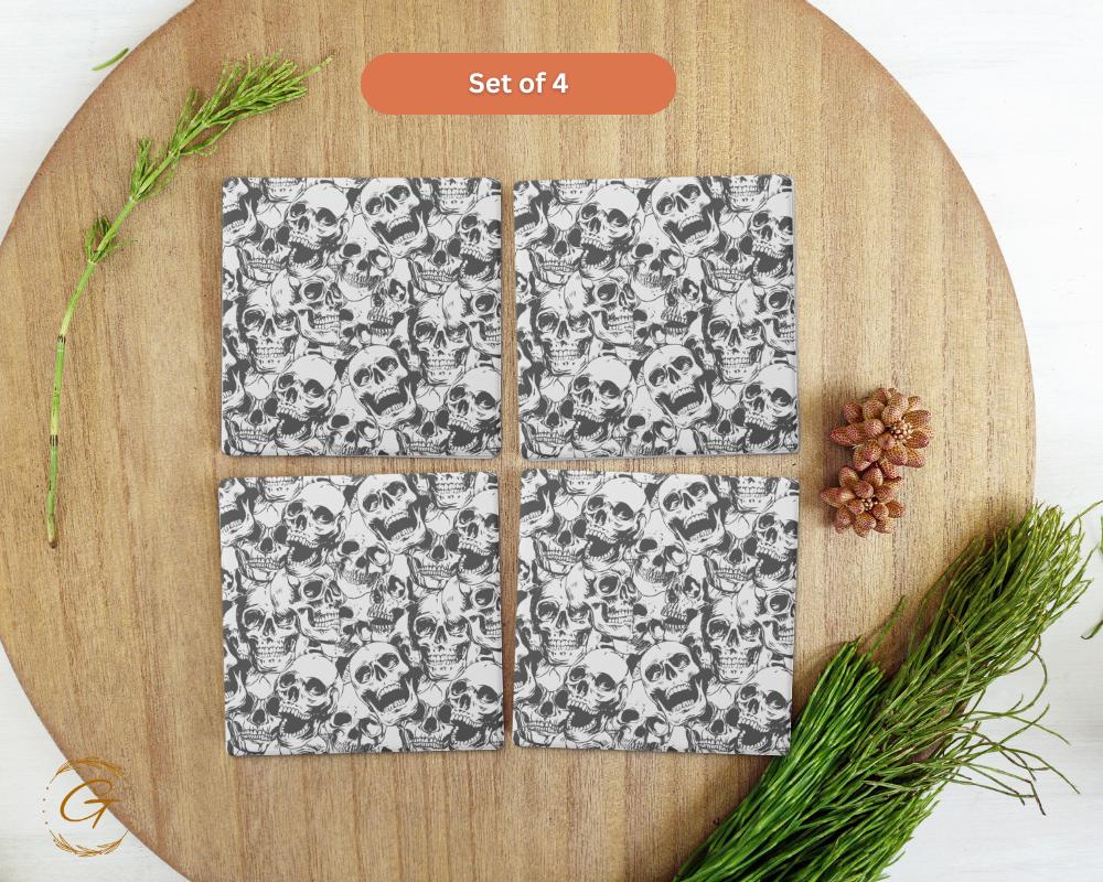 Skull Pattern Square Soapstone Coasters with Cork Backing
