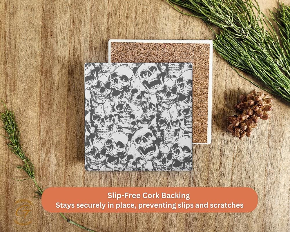 Skull Pattern Square Soapstone Coasters with Cork Backing