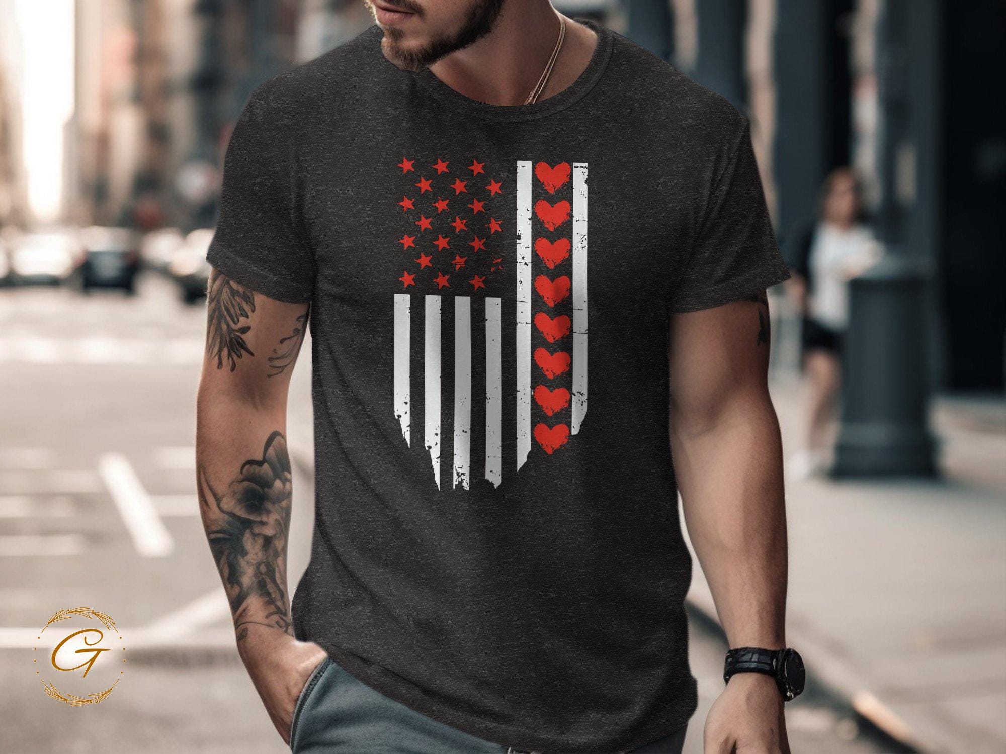 Valentine T-Shirt, Patriotic American Flag Hearts Tee