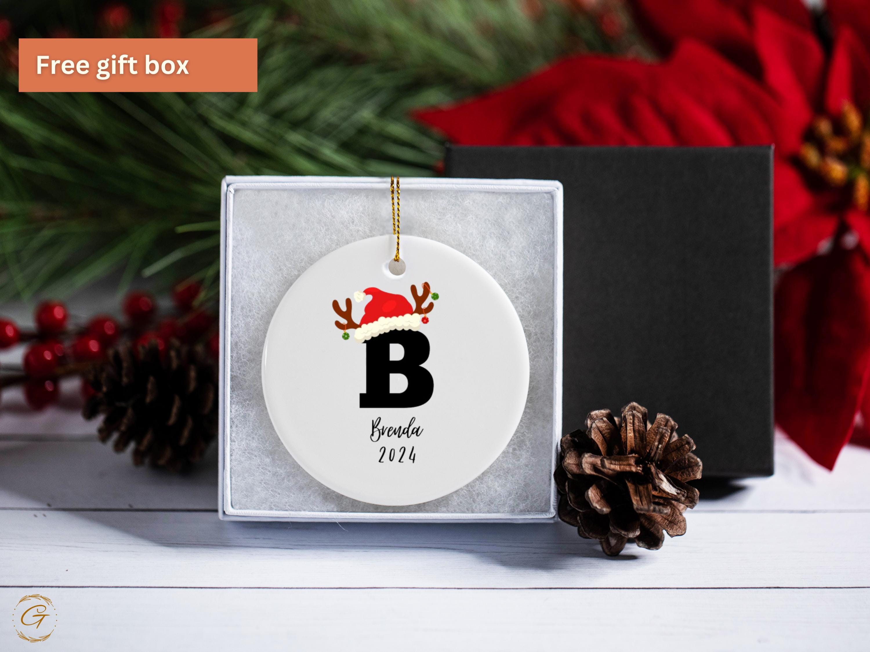 Festive Christmas Initial Name Ornament Santa Hat and Reindeer, Holiday Decoration Keepsake, Merry Christmas Celebration, Holiday Gift Ideas